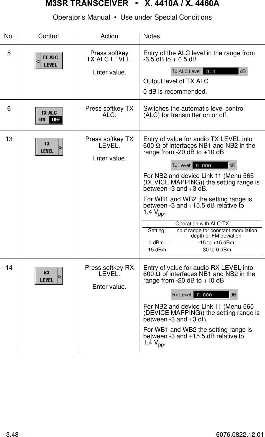 065 75$16&amp;(,9(5  ; $  ; $Operator&rsquo;s Manual &bull; Use under Special Conditions&ndash; 3.48 &ndash; 6076.0822.12.015 Press softkey TX ALC LEVEL.Enter value.Entry of the ALC level in the range from -6.5 dB to + 6.5 dBOutput level of TX ALC0 dB is recommended.6 Press softkey TX ALC. Switches the automatic level control (ALC) for transmitter on or off.13 Press softkey TX LEVEL.Enter value.Entry of value for audio TX LEVEL into 600 Ω of interfaces NB1 and NB2 in the range from -20 dB to +10 dBFor NB2 and device Link 11 (Menu 565 (DEVICE MAPPING)) the setting range is between -3 and +3 dB.For WB1 and WB2 the setting range is between -3 and +15.5 dB relative to 1.4 Vpp.14 Press softkey RX LEVEL.Enter value.Entry of value for audio RX LEVEL into 600 Ω of interfaces NB1 and NB2 in the range from -20 dB to +10 dBFor NB2 and device Link 11 (Menu 565 (DEVICE MAPPING)) the setting range is between -3 and +3 dB.For WB1 and WB2 the setting range is between -3 and +15.5 dB relative to 1.4 Vpp.No. Control Action NotesOperation with ALC-TXSetting Input range for constant modulation depth or FM deviation0 dBm -15 to +15 dBm-15 dBm -30 to 0 dBm