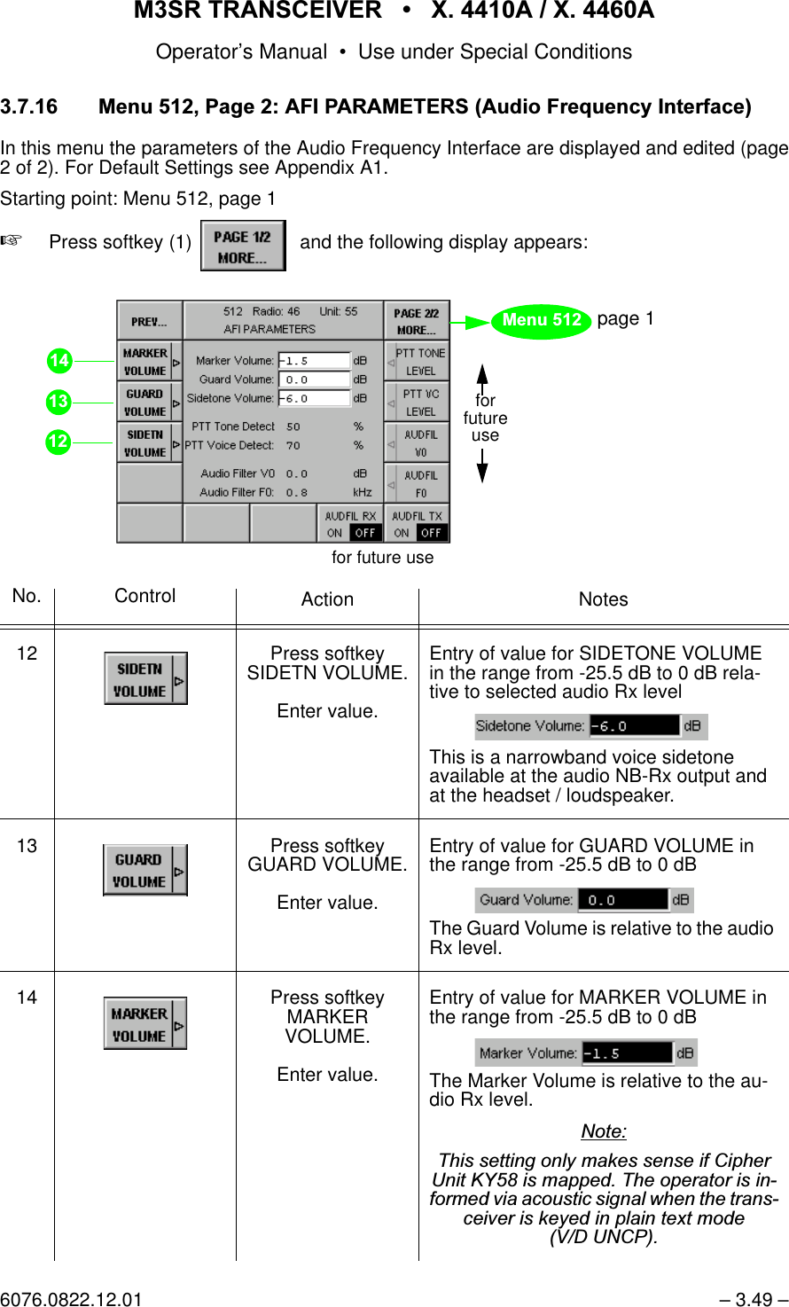 065 75$16&amp;(,9(5  ; $  ; $Operator&rsquo;s Manual &bull; Use under Special Conditions6076.0822.12.01 &ndash; 3.49 &ndash; 0HQX3DJH$),3$5$0(7(56$XGLR)UHTXHQF\,QWHUIDFHIn this menu the parameters of the Audio Frequency Interface are displayed and edited (page2 of 2). For Default Settings see Appendix A1.Starting point: Menu 512, page 1+Press softkey (1)    and the following display appears:No. Control Action Notes12 Press softkey SIDETN VOLUME.Enter value.Entry of value for SIDETONE VOLUME in the range from -25.5 dB to 0 dB rela-tive to selected audio Rx levelThis is a narrowband voice sidetone available at the audio NB-Rx output and at the headset / loudspeaker. 13 Press softkey GUARD VOLUME.Enter value.Entry of value for GUARD VOLUME in the range from -25.5 dB to 0 dBThe Guard Volume is relative to the audio Rx level.14 Press softkey MARKERVOLUME.Enter value.Entry of value for MARKER VOLUME in the range from -25.5 dB to 0 dBThe Marker Volume is relative to the au-dio Rx level.1RWH7KLVVHWWLQJRQO\PDNHVVHQVHLI&amp;LSKHU8QLW.<LVPDSSHG7KHRSHUDWRULVLQIRUPHGYLDDFRXVWLFVLJQDOZKHQWKHWUDQVFHLYHULVNH\HGLQSODLQWH[WPRGH9'81&amp;3forfutureusefor future usepage 10HQX