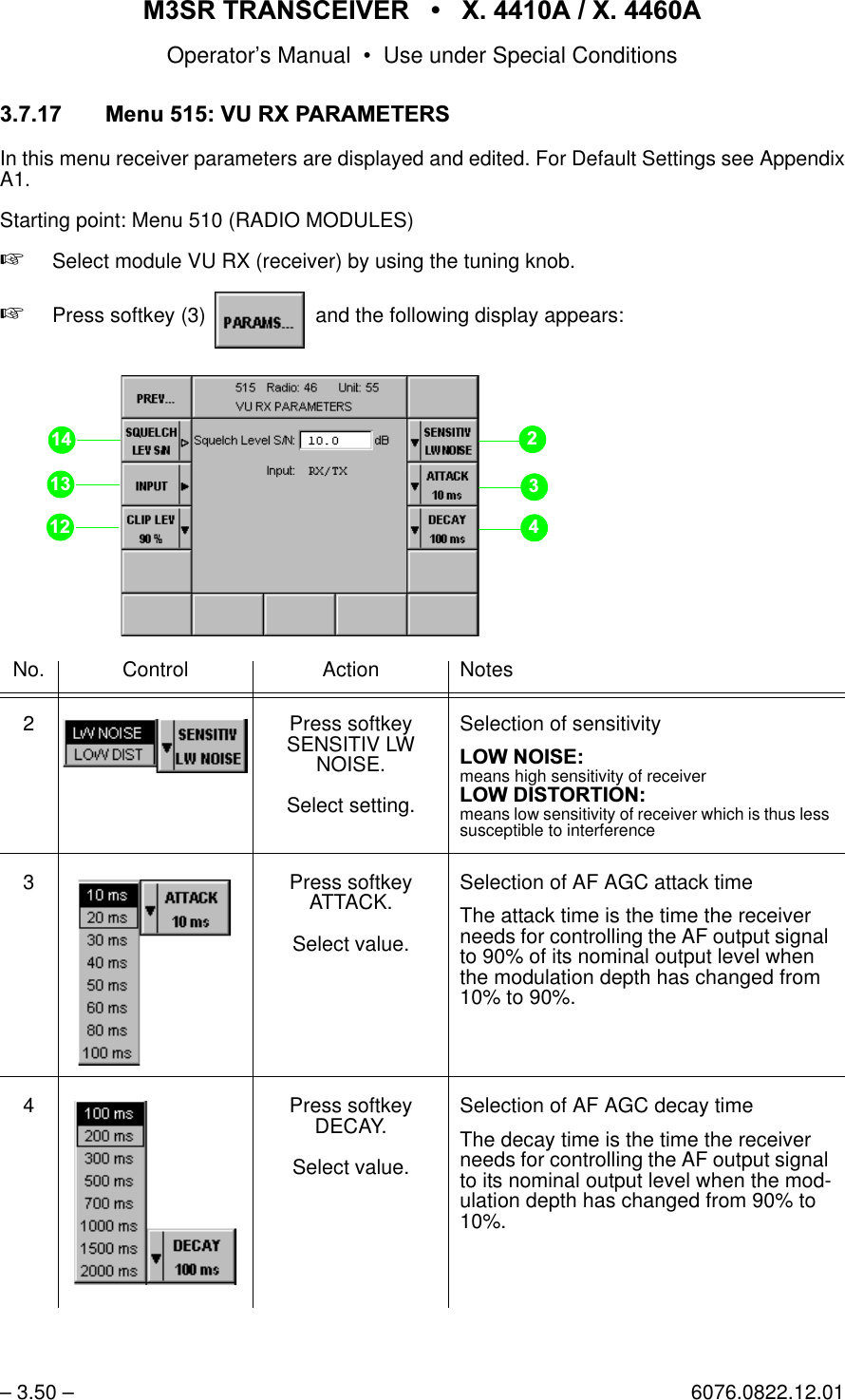 065 75$16&amp;(,9(5  ; $  ; $Operator&rsquo;s Manual &bull; Use under Special Conditions&ndash; 3.50 &ndash; 6076.0822.12.010HQX985;3$5$0(7(56In this menu receiver parameters are displayed and edited. For Default Settings see AppendixA1.Starting point: Menu 510 (RADIO MODULES)+Select module VU RX (receiver) by using the tuning knob.+Press softkey (3)   and the following display appears:No. Control Action Notes2 Press softkey SENSITIV LW NOISE.Select setting.Selection of sensitivity/2:12,6(means high sensitivity of receiver/2:',67257,21means low sensitivity of receiver which is thus less susceptible to interference3 Press softkey ATTACK.Select value.Selection of AF AGC attack timeThe attack time is the time the receiver needs for controlling the AF output signal to 90% of its nominal output level when the modulation depth has changed from 10% to 90%.4 Press softkey DECAY. Select value.Selection of AF AGC decay timeThe decay time is the time the receiver needs for controlling the AF output signal to its nominal output level when the mod-ulation depth has changed from 90% to 10%.