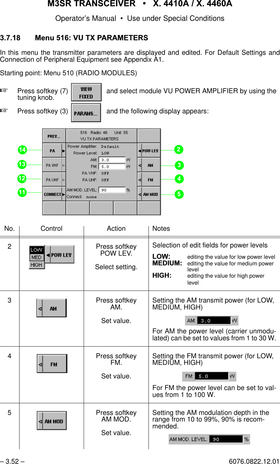 065 75$16&amp;(,9(5  ; $  ; $Operator&rsquo;s Manual &bull; Use under Special Conditions&ndash; 3.52 &ndash; 6076.0822.12.010HQX987;3$5$0(7(56In this menu the transmitter parameters are displayed and edited. For Default Settings andConnection of Peripheral Equipment see Appendix A1.Starting point: Menu 510 (RADIO MODULES)+Press softkey (7)    and select module VU POWER AMPLIFIER by using the tuning knob.+Press softkey (3)    and the following display appears:No. Control Action Notes2 Press softkey POW LEV.Select setting.Selection of edit fields for power levels/2: editing the value for low power level0(',80editing the value for medium powerlevel+,*+ editing the value for high powerlevel3 Press softkeyAM.Set value.Setting the AM transmit power (for LOW,MEDIUM, HIGH)For AM the power level (carrier unmodu-lated) can be set to values from 1 to 30 W.4 Press softkeyFM.Set value.Setting the FM transmit power (for LOW, MEDIUM, HIGH)For FM the power level can be set to val-ues from 1 to 100 W.5 Press softkeyAM MOD.Set value.Setting the AM modulation depth in the range from 10 to 99%, 90% is recom-mended.