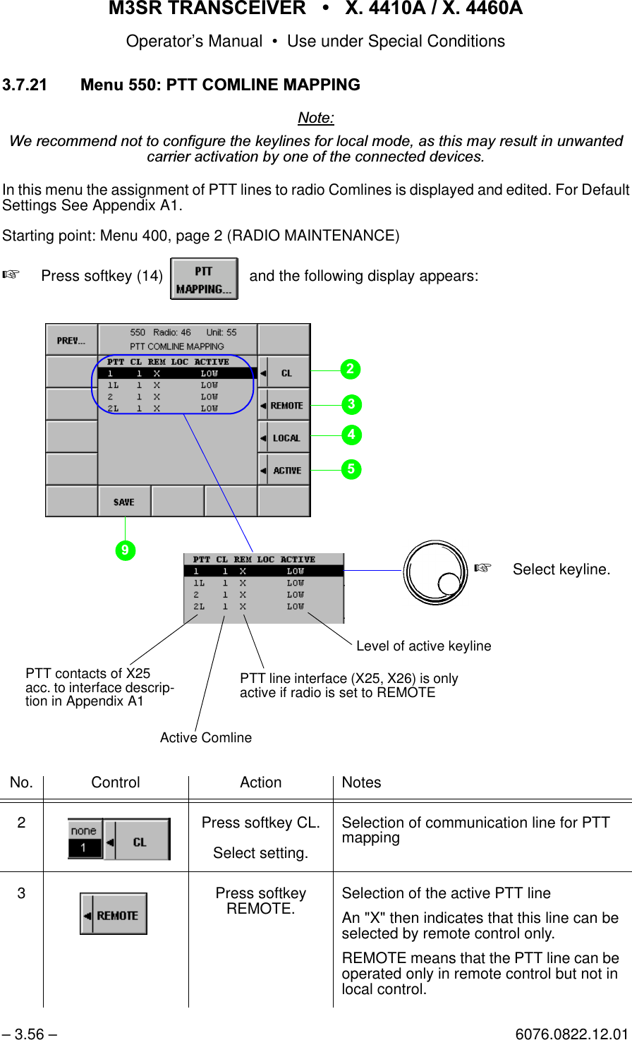 065 75$16&amp;(,9(5  ; $  ; $Operator&rsquo;s Manual &bull; Use under Special Conditions&ndash; 3.56 &ndash; 6076.0822.12.010HQX377&amp;20/,1(0$33,1*1RWH:HUHFRPPHQGQRWWRFRQILJXUHWKHNH\OLQHVIRUORFDOPRGHDVWKLVPD\UHVXOWLQXQZDQWHGFDUULHUDFWLYDWLRQE\RQHRIWKHFRQQHFWHGGHYLFHVIn this menu the assignment of PTT lines to radio Comlines is displayed and edited. For DefaultSettings See Appendix A1.Starting point: Menu 400, page 2 (RADIO MAINTENANCE)+Press softkey (14)    and the following display appears:No. Control Action Notes2 Press softkey CL.Select setting.Selection of communication line for PTT mapping3 Press softkey REMOTE. Selection of the active PTT lineAn "X" then indicates that this line can be selected by remote control only.REMOTE means that the PTT line can be operated only in remote control but not in local control.softkey PTT MAPPING...PTT line interface (X25, X26) is only active if radio is set to REMOTEPTT contacts of X25 acc. to interface descrip-tion in Appendix A1Active ComlineLevel of active keyline+Select keyline.