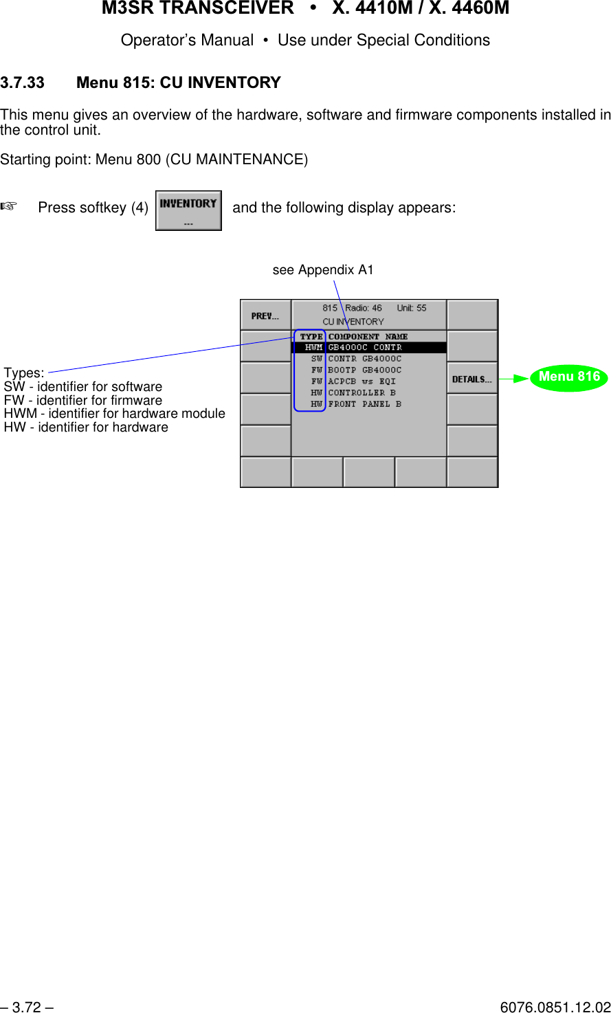 065 75$16&amp;(,9(5  ; 0  ; 0Operator&rsquo;s Manual &bull; Use under Special Conditions&ndash; 3.72 &ndash; 6076.0851.12.02 0HQX&amp;8,19(1725<This menu gives an overview of the hardware, software and firmware components installed inthe control unit.Starting point: Menu 800 (CU MAINTENANCE)+Press softkey (4)    and the following display appears:softkey INVENTORY...0HQXTypes:SW - identifier for softwareFW - identifier for firmwareHWM - identifier for hardware moduleHW - identifier for hardwaresee Appendix A1