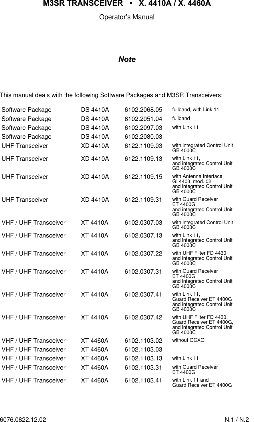 065 75$16&amp;(,9(5  ; $  ; $Operator&rsquo;s Manual6076.0822.12.02 &ndash; N.1 / N.2 &ndash;1RWHThis manual deals with the following Software Packages and M3SR Transceivers:Software Package DS 4410A 6102.2068.05 fullband, with Link 11Software Package DS 4410A 6102.2051.04 fullbandSoftware Package DS 4410A 6102.2097.03 with Link 11Software Package DS 4410A 6102.2080.03UHF Transceiver XD 4410A 6122.1109.03 with integrated Control UnitGB 4000CUHF Transceiver XD 4410A 6122.1109.13 with Link 11,and integrated Control UnitGB 4000CUHF Transceiver XD 4410A 6122.1109.15 with Antenna InterfaceGI 4403, mod. 02and integrated Control UnitGB 4000CUHF Transceiver XD 4410A 6122.1109.31 with Guard ReceiverET 4400Gand integrated Control UnitGB 4000CVHF / UHF Transceiver XT 4410A 6102.0307.03 with integrated Control UnitGB 4000CVHF / UHF Transceiver XT 4410A 6102.0307.13 with Link 11,and integrated Control UnitGB 4000CVHF / UHF Transceiver XT 4410A 6102.0307.22 with UHF Filter FD 4430and integrated Control UnitGB 4000CVHF / UHF Transceiver XT 4410A 6102.0307.31 with Guard ReceiverET 4400Gand integrated Control UnitGB 4000CVHF / UHF Transceiver XT 4410A 6102.0307.41 with Link 11,Guard Receiver ET 4400Gand integrated Control UnitGB 4000CVHF / UHF Transceiver XT 4410A 6102.0307.42 with UHF Filter FD 4430,Guard Receiver ET 4400G,and integrated Control UnitGB 4000CVHF / UHF Transceiver XT 4460A 6102.1103.02 without OCXOVHF / UHF Transceiver XT 4460A 6102.1103.03VHF / UHF Transceiver XT 4460A 6102.1103.13 with Link 11VHF / UHF Transceiver XT 4460A 6102.1103.31 with Guard ReceiverET 4400GVHF / UHF Transceiver XT 4460A 6102.1103.41 with Link 11 andGuard Receiver ET 4400G