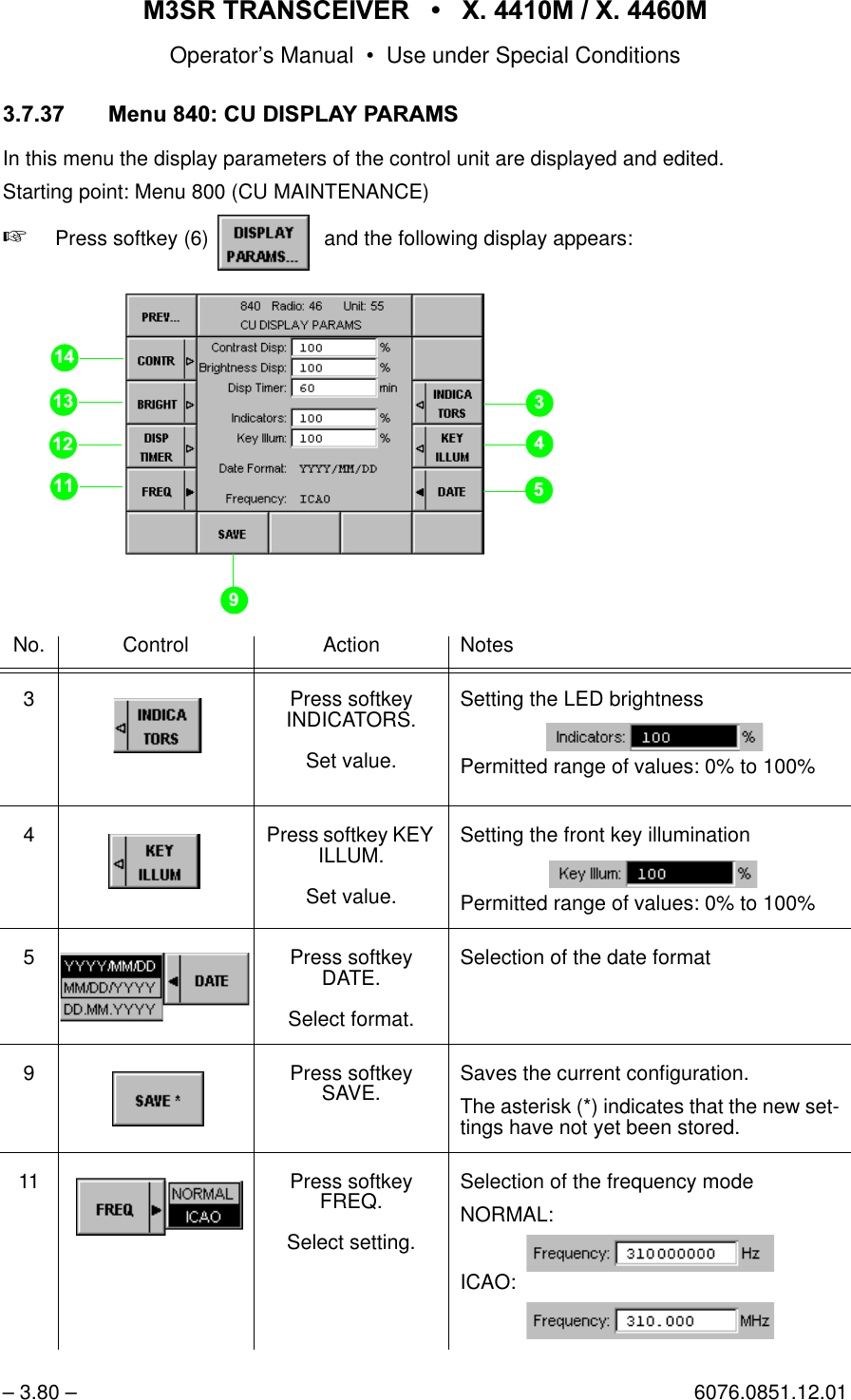 065 75$16&amp;(,9(5  ; 0  ; 0Operator&rsquo;s Manual &bull; Use under Special Conditions&ndash; 3.80 &ndash; 6076.0851.12.010HQX&amp;8',63/$<3$5$06In this menu the display parameters of the control unit are displayed and edited.Starting point: Menu 800 (CU MAINTENANCE)+Press softkey (6)    and the following display appears:No. Control Action Notes3 Press softkey INDICATORS.Set value.Setting the LED brightnessPermitted range of values: 0% to 100%4 Press softkey KEY ILLUM.Set value.Setting the front key illuminationPermitted range of values: 0% to 100%5 Press softkey DATE.Select format.Selection of the date format9 Press softkey SAVE. Saves the current configuration.The asterisk (*) indicates that the new set-tings have not yet been stored.11 Press softkey FREQ.Select setting.Selection of the frequency modeNORMAL:ICAO:softkey DISPLAY PARAMS... 