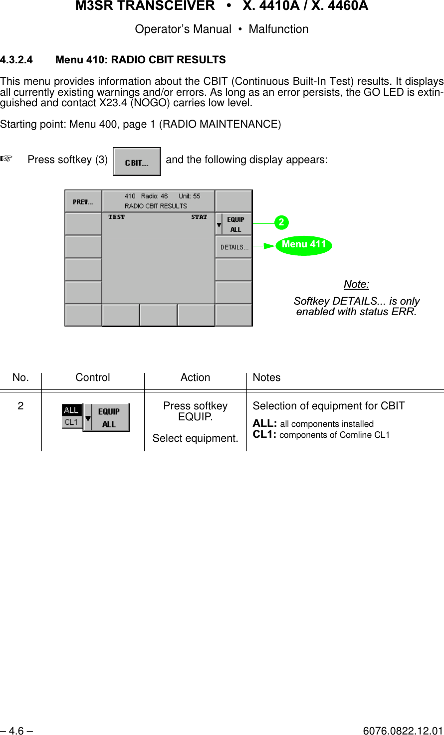 065 75$16&amp;(,9(5  ; $  ; $Operator&rsquo;s Manual &bull; Malfunction&ndash; 4.6 &ndash; 6076.0822.12.01 0HQX5$',2&amp;%,75(68/76This menu provides information about the CBIT (Continuous Built-In Test) results. It displaysall currently existing warnings and/or errors. As long as an error persists, the GO LED is extin-guished and contact X23.4 (NOGO) carries low level.Starting point: Menu 400, page 1 (RADIO MAINTENANCE)+Press softkey (3)   and the following display appears:No. Control Action Notes2 Press softkey EQUIP.Select equipment.Selection of equipment for CBIT$//all components installed&amp;/components of Comline CL1softkey CBIT...0HQX1RWH6RIWNH\'(7$,/6LVRQO\HQDEOHGZLWKVWDWXV(55