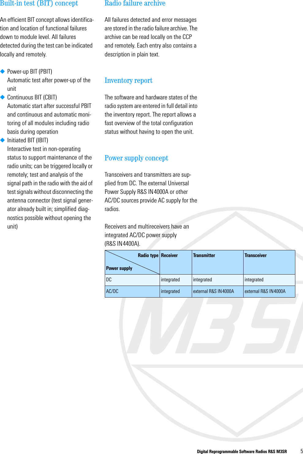 Digital Reprogrammable Software Radios R&amp;S M3SR 5Built-in test (BIT) conceptAn efficient BIT concept allows identifica-tion and location of functional failures down to module level. All failures detected during the test can be indicated locally and remotely. ◆Power-up BIT (PBIT)Automatic test after power-up of the unit◆Continuous BIT (CBIT)Automatic start after successful PBIT and continuous and automatic moni-toring of all modules including radio basis during operation◆Initiated BIT (IBIT)Interactive test in non-operating status to support maintenance of the radio units; can be triggered locally or remotely; test and analysis of the signal path in the radio with the aid of test signals without disconnecting the antenna connector (test signal gener-ator already built in; simplified diag-nostics possible without opening the unit)Radio failure archiveAll failures detected and error messages are stored in the radio failure archive. The archive can be read locally on the CCP and remotely. Each entry also contains a description in plain text.Inventory reportThe software and hardware states of the radio system are entered in full detail into the inventory report. The report allows a fast overview of the total configuration status without having to open the unit. Power supply conceptTransceivers and transmitters are sup-plied from DC. The external Universal Power Supply R&amp;S IN4000A or other AC/DC sources provide AC supply for the radios. Receivers and multireceivers have an integrated AC/DC power supply (R&amp;S IN4400A).Radio typePower supplyReceiver Transmitter TransceiverDC integrated integrated integratedAC/DC integrated external R&amp;S IN4000A external R&amp;S IN4000A