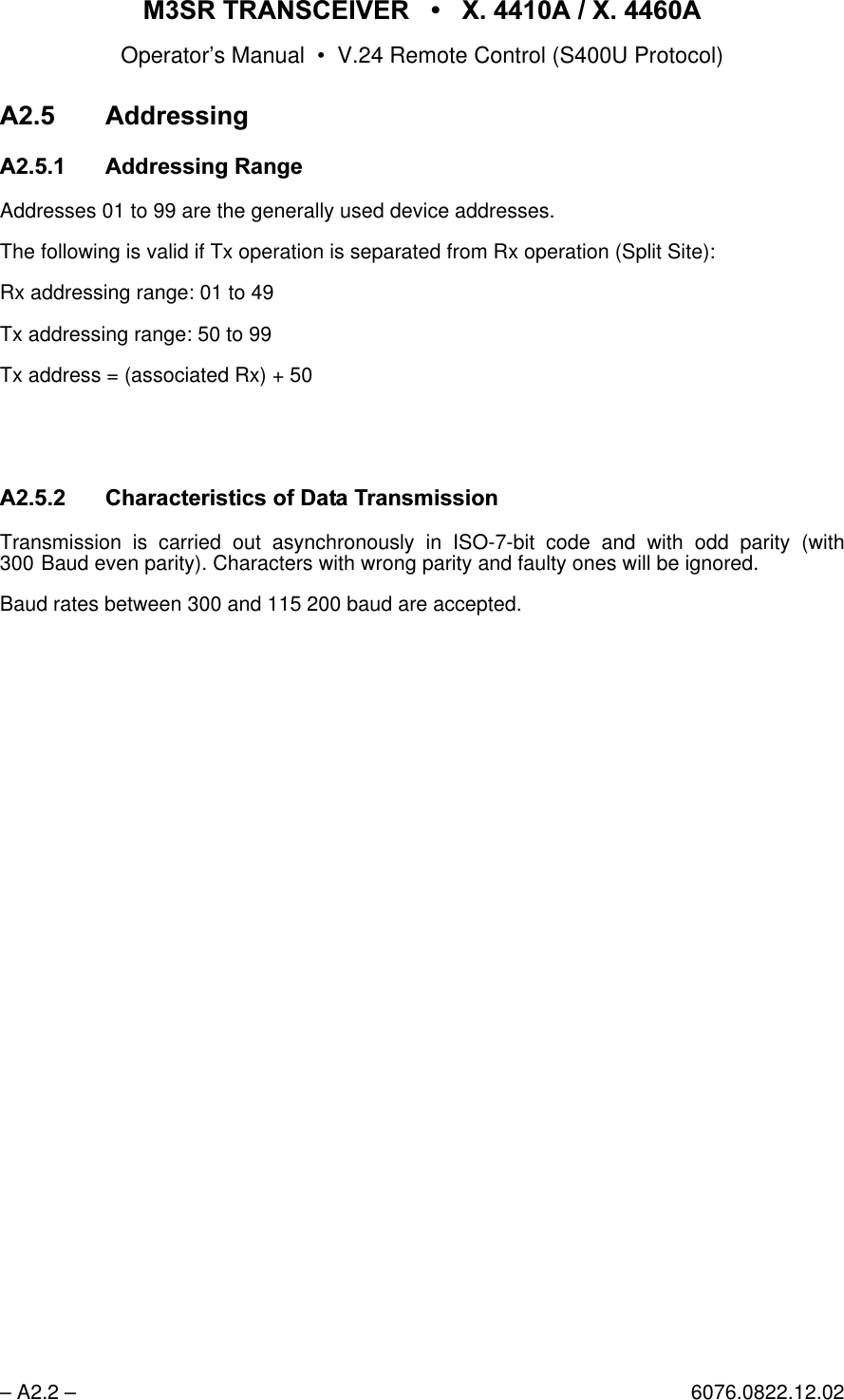 065 75$16&amp;(,9(5  ; $  ; $Operator&rsquo;s Manual &bull; V.24 Remote Control (S400U Protocol)&ndash; A2.2 &ndash; 6076.0822.12.02$$GGUHVVLQJ$ $GGUHVVLQJ5DQJHAddresses 01 to 99 are the generally used device addresses.The following is valid if Tx operation is separated from Rx operation (Split Site):Rx addressing range: 01 to 49Tx addressing range: 50 to 99Tx address = (associated Rx) + 50$&amp;KDUDFWHULVWLFVRI'DWD7UDQVPLVVLRQTransmission is carried out asynchronously in ISO-7-bit code and with odd parity (with300 Baud even parity). Characters with wrong parity and faulty ones will be ignored.Baud rates between 300 and 115 200 baud are accepted.