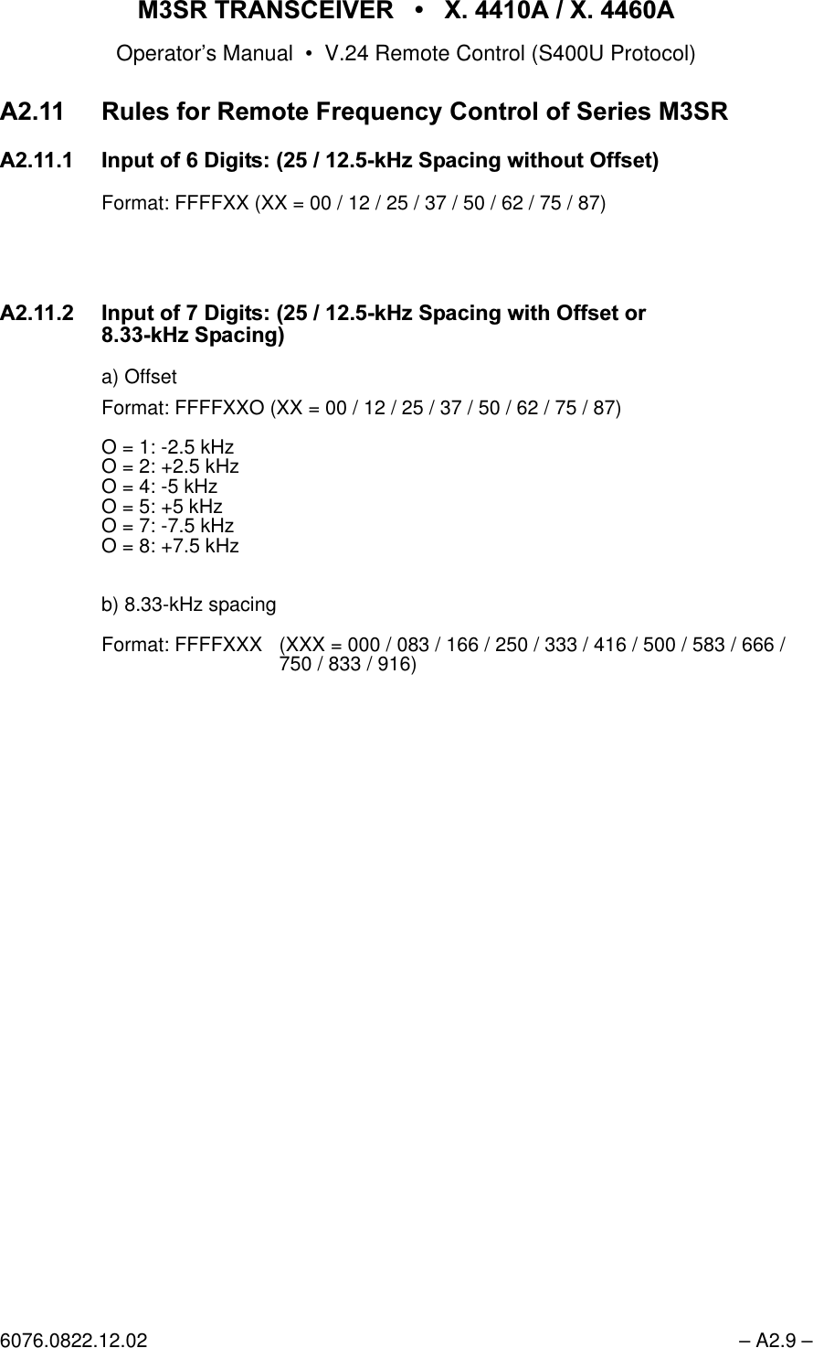 065 75$16&amp;(,9(5  ; $  ; $Operator&rsquo;s Manual &bull; V.24 Remote Control (S400U Protocol)6076.0822.12.02 &ndash; A2.9 &ndash;$ 5XOHVIRU5HPRWH)UHTXHQF\&amp;RQWURORI6HULHV065$ ,QSXWRI'LJLWVN+]6SDFLQJZLWKRXW2IIVHWFormat: FFFFXX (XX = 00 / 12 / 25 / 37 / 50 / 62 / 75 / 87)$,QSXWRI'LJLWVN+]6SDFLQJZLWK2IIVHWRUN+]6SDFLQJa) OffsetFormat: FFFFXXO (XX = 00 / 12 / 25 / 37 / 50 / 62 / 75 / 87)O = 1: -2.5 kHzO = 2: +2.5 kHzO = 4: -5 kHzO = 5: +5 kHzO = 7: -7.5 kHzO = 8: +7.5 kHzb) 8.33-kHz spacingFormat: FFFFXXX (XXX = 000 / 083 / 166 / 250 / 333 / 416 / 500 / 583 / 666 /750 / 833 / 916)