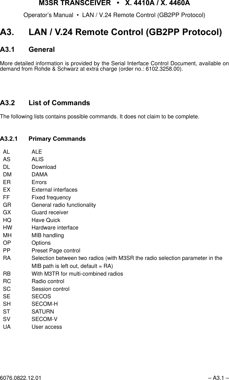 065 75$16&amp;(,9(5  ; $  ; $Operator&rsquo;s Manual &bull; LAN / V.24 Remote Control (GB2PP Protocol)6076.0822.12.01 &ndash; A3.1 &ndash;$ /$195HPRWH&amp;RQWURO*%333URWRFRO$ *HQHUDOMore detailed information is provided by the Serial Interface Control Document, available ondemand from Rohde &amp; Schwarz at extra charge (order no.: 6102.3258.00).$/LVWRI&amp;RPPDQGVThe following lists contains possible commands. It does not claim to be complete.$ 3ULPDU\&amp;RPPDQGVAL ALEAS ALISDL DownloadDM DAMAER ErrorsEX External interfacesFF Fixed frequencyGR General radio functionalityGX Guard receiverHQ Have QuickHW Hardware interfaceMH MIB handlingOP OptionsPP Preset Page controlRA Selection between two radios (with M3SR the radio selection parameter in the MIB path is left out, default = RA)RB With M3TR for multi-combined radiosRC Radio controlSC Session controlSE SECOSSH SECOM-HST SATURNSV SECOM-VUA User access