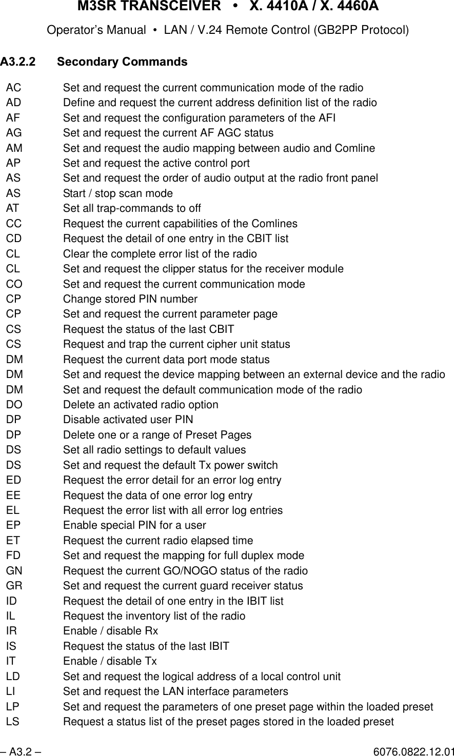 065 75$16&amp;(,9(5  ; $  ; $Operator&rsquo;s Manual &bull; LAN / V.24 Remote Control (GB2PP Protocol)&ndash; A3.2 &ndash; 6076.0822.12.01$6HFRQGDU\&amp;RPPDQGVAC Set and request the current communication mode of the radioAD Define and request the current address definition list of the radioAF Set and request the configuration parameters of the AFIAG Set and request the current AF AGC statusAM Set and request the audio mapping between audio and ComlineAP Set and request the active control portAS Set and request the order of audio output at the radio front panelAS Start / stop scan modeAT Set all trap-commands to offCC Request the current capabilities of the ComlinesCD Request the detail of one entry in the CBIT listCL Clear the complete error list of the radioCL Set and request the clipper status for the receiver moduleCO Set and request the current communication modeCP Change stored PIN numberCP Set and request the current parameter pageCS Request the status of the last CBITCS Request and trap the current cipher unit statusDM Request the current data port mode statusDM Set and request the device mapping between an external device and the radioDM Set and request the default communication mode of the radioDO Delete an activated radio optionDP Disable activated user PINDP Delete one or a range of Preset PagesDS Set all radio settings to default valuesDS Set and request the default Tx power switchED Request the error detail for an error log entryEE Request the data of one error log entryEL Request the error list with all error log entriesEP Enable special PIN for a userET Request the current radio elapsed timeFD Set and request the mapping for full duplex modeGN Request the current GO/NOGO status of the radioGR Set and request the current guard receiver statusID Request the detail of one entry in the IBIT listIL Request the inventory list of the radioIR Enable / disable RxIS Request the status of the last IBITIT Enable / disable TxLD Set and request the logical address of a local control unitLI Set and request the LAN interface parametersLP Set and request the parameters of one preset page within the loaded presetLS Request a status list of the preset pages stored in the loaded preset