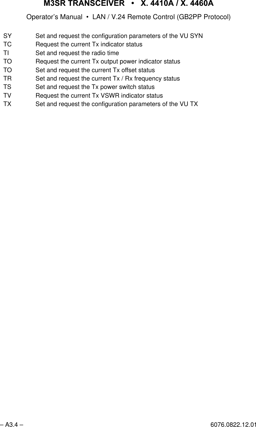 065 75$16&amp;(,9(5  ; $  ; $Operator&rsquo;s Manual &bull; LAN / V.24 Remote Control (GB2PP Protocol)&ndash; A3.4 &ndash; 6076.0822.12.01SY Set and request the configuration parameters of the VU SYNTC Request the current Tx indicator statusTI Set and request the radio timeTO Request the current Tx output power indicator statusTO Set and request the current Tx offset statusTR Set and request the current Tx / Rx frequency statusTS Set and request the Tx power switch statusTV Request the current Tx VSWR indicator statusTX Set and request the configuration parameters of the VU TX