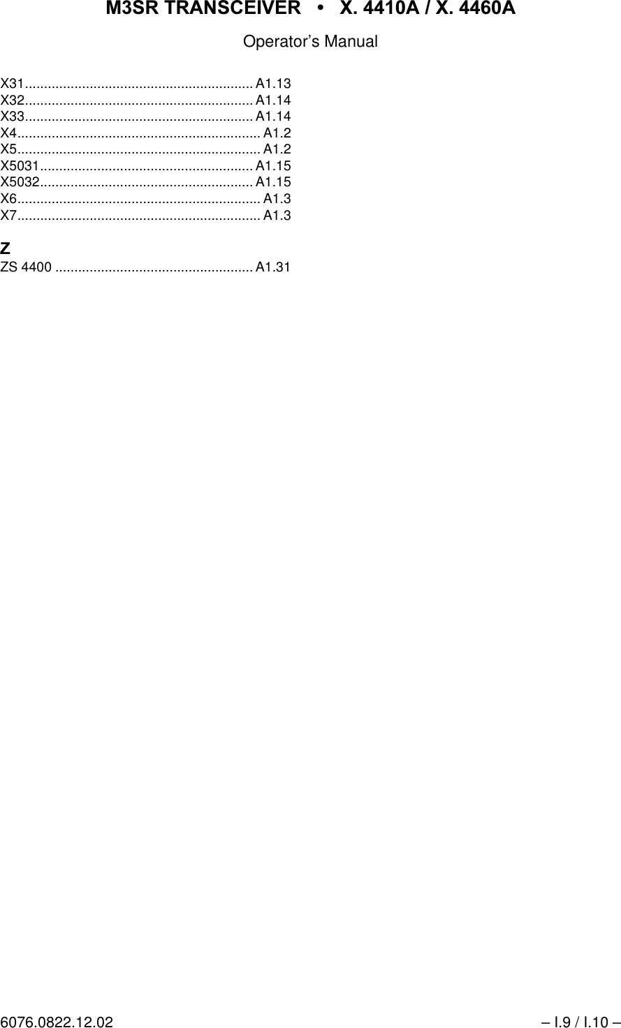 065 75$16&amp;(,9(5  ; $  ; $Operator&rsquo;s Manual6076.0822.12.02 &ndash; I.9 / I.10 &ndash;X31............................................................ A1.13X32............................................................ A1.14X33............................................................ A1.14X4................................................................ A1.2X5................................................................ A1.2X5031........................................................ A1.15X5032........................................................ A1.15X6................................................................ A1.3X7................................................................ A1.3=ZS 4400 .................................................... A1.31