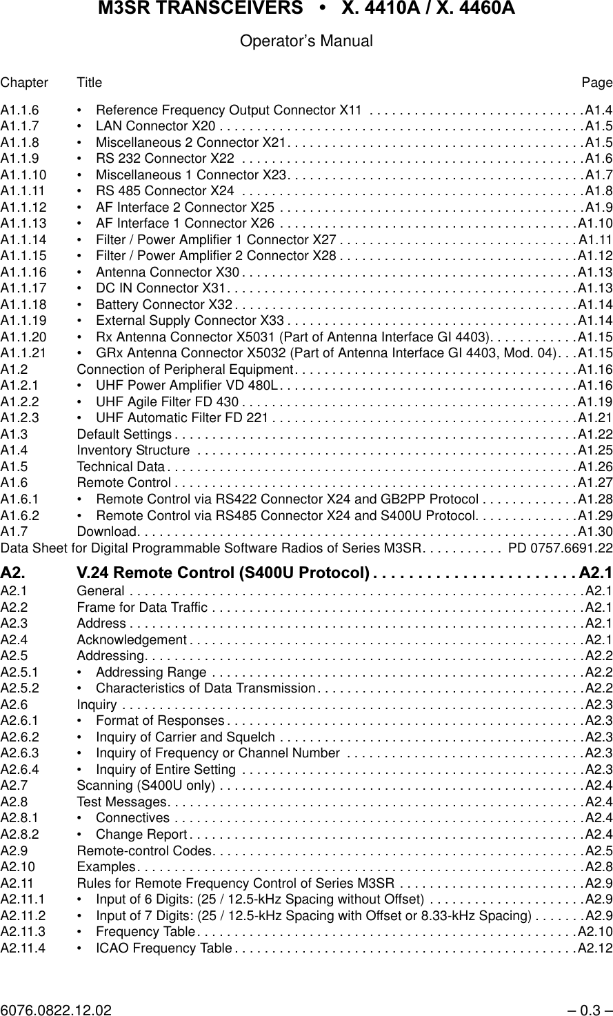 065 75$16&amp;(,9(56  ; $  ; $Operator&rsquo;s Manual6076.0822.12.02 &ndash; 0.3 &ndash;Chapter Title PageA1.1.6 &bull; Reference Frequency Output Connector X11  . . . . . . . . . . . . . . . . . . . . . . . . . . . . .A1.4A1.1.7 &bull; LAN Connector X20 . . . . . . . . . . . . . . . . . . . . . . . . . . . . . . . . . . . . . . . . . . . . . . . . .A1.5A1.1.8 &bull; Miscellaneous 2 Connector X21. . . . . . . . . . . . . . . . . . . . . . . . . . . . . . . . . . . . . . . .A1.5A1.1.9 &bull; RS 232 Connector X22  . . . . . . . . . . . . . . . . . . . . . . . . . . . . . . . . . . . . . . . . . . . . . .A1.6A1.1.10 &bull; Miscellaneous 1 Connector X23. . . . . . . . . . . . . . . . . . . . . . . . . . . . . . . . . . . . . . . .A1.7A1.1.11 &bull; RS 485 Connector X24  . . . . . . . . . . . . . . . . . . . . . . . . . . . . . . . . . . . . . . . . . . . . . .A1.8A1.1.12 &bull; AF Interface 2 Connector X25 . . . . . . . . . . . . . . . . . . . . . . . . . . . . . . . . . . . . . . . . .A1.9A1.1.13 &bull; AF Interface 1 Connector X26 . . . . . . . . . . . . . . . . . . . . . . . . . . . . . . . . . . . . . . . .A1.10A1.1.14 &bull; Filter / Power Amplifier 1 Connector X27 . . . . . . . . . . . . . . . . . . . . . . . . . . . . . . . . A1.11A1.1.15 &bull; Filter / Power Amplifier 2 Connector X28 . . . . . . . . . . . . . . . . . . . . . . . . . . . . . . . .A1.12A1.1.16 &bull; Antenna Connector X30 . . . . . . . . . . . . . . . . . . . . . . . . . . . . . . . . . . . . . . . . . . . . .A1.13A1.1.17 &bull; DC IN Connector X31. . . . . . . . . . . . . . . . . . . . . . . . . . . . . . . . . . . . . . . . . . . . . . .A1.13A1.1.18 &bull; Battery Connector X32 . . . . . . . . . . . . . . . . . . . . . . . . . . . . . . . . . . . . . . . . . . . . . .A1.14A1.1.19 &bull; External Supply Connector X33 . . . . . . . . . . . . . . . . . . . . . . . . . . . . . . . . . . . . . . .A1.14A1.1.20 &bull; Rx Antenna Connector X5031 (Part of Antenna Interface GI 4403). . . . . . . . . . . .A1.15A1.1.21 &bull; GRx Antenna Connector X5032 (Part of Antenna Interface GI 4403, Mod. 04). . .A1.15A1.2 Connection of Peripheral Equipment. . . . . . . . . . . . . . . . . . . . . . . . . . . . . . . . . . . . . .A1.16A1.2.1 &bull; UHF Power Amplifier VD 480L. . . . . . . . . . . . . . . . . . . . . . . . . . . . . . . . . . . . . . . .A1.16A1.2.2 &bull; UHF Agile Filter FD 430 . . . . . . . . . . . . . . . . . . . . . . . . . . . . . . . . . . . . . . . . . . . . .A1.19A1.2.3 &bull; UHF Automatic Filter FD 221 . . . . . . . . . . . . . . . . . . . . . . . . . . . . . . . . . . . . . . . . .A1.21A1.3 Default Settings . . . . . . . . . . . . . . . . . . . . . . . . . . . . . . . . . . . . . . . . . . . . . . . . . . . . . .A1.22A1.4 Inventory Structure  . . . . . . . . . . . . . . . . . . . . . . . . . . . . . . . . . . . . . . . . . . . . . . . . . . .A1.25A1.5 Technical Data . . . . . . . . . . . . . . . . . . . . . . . . . . . . . . . . . . . . . . . . . . . . . . . . . . . . . . .A1.26A1.6 Remote Control . . . . . . . . . . . . . . . . . . . . . . . . . . . . . . . . . . . . . . . . . . . . . . . . . . . . . .A1.27A1.6.1 &bull; Remote Control via RS422 Connector X24 and GB2PP Protocol . . . . . . . . . . . . .A1.28A1.6.2 &bull; Remote Control via RS485 Connector X24 and S400U Protocol. . . . . . . . . . . . . .A1.29A1.7 Download. . . . . . . . . . . . . . . . . . . . . . . . . . . . . . . . . . . . . . . . . . . . . . . . . . . . . . . . . . .A1.30Data Sheet for Digital Programmable Software Radios of Series M3SR. . . . . . . . . . .  PD 0757.6691.22$ 95HPRWH&amp;RQWURO683URWRFRO $A2.1 General . . . . . . . . . . . . . . . . . . . . . . . . . . . . . . . . . . . . . . . . . . . . . . . . . . . . . . . . . . . . .A2.1A2.2 Frame for Data Traffic . . . . . . . . . . . . . . . . . . . . . . . . . . . . . . . . . . . . . . . . . . . . . . . . . .A2.1A2.3 Address . . . . . . . . . . . . . . . . . . . . . . . . . . . . . . . . . . . . . . . . . . . . . . . . . . . . . . . . . . . . .A2.1A2.4 Acknowledgement . . . . . . . . . . . . . . . . . . . . . . . . . . . . . . . . . . . . . . . . . . . . . . . . . . . . .A2.1A2.5 Addressing. . . . . . . . . . . . . . . . . . . . . . . . . . . . . . . . . . . . . . . . . . . . . . . . . . . . . . . . . . .A2.2A2.5.1 &bull; Addressing Range . . . . . . . . . . . . . . . . . . . . . . . . . . . . . . . . . . . . . . . . . . . . . . . . . .A2.2A2.5.2 &bull; Characteristics of Data Transmission. . . . . . . . . . . . . . . . . . . . . . . . . . . . . . . . . . . .A2.2A2.6 Inquiry . . . . . . . . . . . . . . . . . . . . . . . . . . . . . . . . . . . . . . . . . . . . . . . . . . . . . . . . . . . . . .A2.3A2.6.1 &bull; Format of Responses . . . . . . . . . . . . . . . . . . . . . . . . . . . . . . . . . . . . . . . . . . . . . . . .A2.3A2.6.2 &bull; Inquiry of Carrier and Squelch . . . . . . . . . . . . . . . . . . . . . . . . . . . . . . . . . . . . . . . . .A2.3A2.6.3 &bull; Inquiry of Frequency or Channel Number  . . . . . . . . . . . . . . . . . . . . . . . . . . . . . . . .A2.3A2.6.4 &bull; Inquiry of Entire Setting  . . . . . . . . . . . . . . . . . . . . . . . . . . . . . . . . . . . . . . . . . . . . . .A2.3A2.7 Scanning (S400U only) . . . . . . . . . . . . . . . . . . . . . . . . . . . . . . . . . . . . . . . . . . . . . . . . .A2.4A2.8 Test Messages. . . . . . . . . . . . . . . . . . . . . . . . . . . . . . . . . . . . . . . . . . . . . . . . . . . . . . . .A2.4A2.8.1 &bull; Connectives . . . . . . . . . . . . . . . . . . . . . . . . . . . . . . . . . . . . . . . . . . . . . . . . . . . . . . .A2.4A2.8.2 &bull; Change Report . . . . . . . . . . . . . . . . . . . . . . . . . . . . . . . . . . . . . . . . . . . . . . . . . . . . .A2.4A2.9 Remote-control Codes. . . . . . . . . . . . . . . . . . . . . . . . . . . . . . . . . . . . . . . . . . . . . . . . . .A2.5A2.10 Examples. . . . . . . . . . . . . . . . . . . . . . . . . . . . . . . . . . . . . . . . . . . . . . . . . . . . . . . . . . . .A2.8A2.11 Rules for Remote Frequency Control of Series M3SR . . . . . . . . . . . . . . . . . . . . . . . . .A2.9A2.11.1 &bull; Input of 6 Digits: (25 / 12.5-kHz Spacing without Offset) . . . . . . . . . . . . . . . . . . . . .A2.9A2.11.2 &bull; Input of 7 Digits: (25 / 12.5-kHz Spacing with Offset or 8.33-kHz Spacing) . . . . . . .A2.9A2.11.3 &bull; Frequency Table. . . . . . . . . . . . . . . . . . . . . . . . . . . . . . . . . . . . . . . . . . . . . . . . . . .A2.10A2.11.4 &bull; ICAO Frequency Table . . . . . . . . . . . . . . . . . . . . . . . . . . . . . . . . . . . . . . . . . . . . . .A2.12