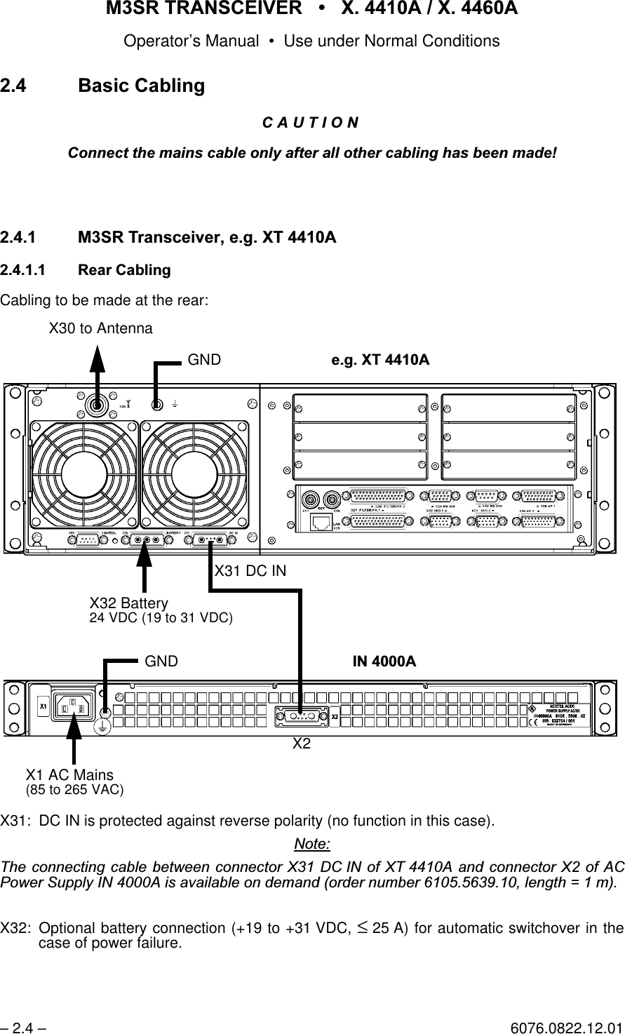 065 75$16&amp;(,9(5  ; $  ; $Operator&rsquo;s Manual &bull; Use under Normal Conditions&ndash; 2.4 &ndash; 6076.0822.12.01 %DVLF&amp;DEOLQJ&amp;$87,21&amp;RQQHFWWKHPDLQVFDEOHRQO\DIWHUDOORWKHUFDEOLQJKDVEHHQPDGH 065 7UDQVFHLYHUHJ;7 $ 5HDU&amp;DEOLQJCabling to be made at the rear:X31: DC IN is protected against reverse polarity (no function in this case).1RWH7KHFRQQHFWLQJFDEOHEHWZHHQFRQQHFWRU;'&amp; ,1RI;7 $DQGFRQQHFWRU;RI$&amp;3RZHU6XSSO\,1 $LVDYDLODEOHRQGHPDQGRUGHUQXPEHUOHQJWK PX32: Optional battery connection (+19 to +31 VDC, &le;25 A) for automatic switchover in thecase of power failure.  GND  GNDHJ;7 $,1$X1 AC Mains(85 to 265 VAC)X32 Battery24 VDC (19to31VDC)X31 DC IN X30 to AntennaX2