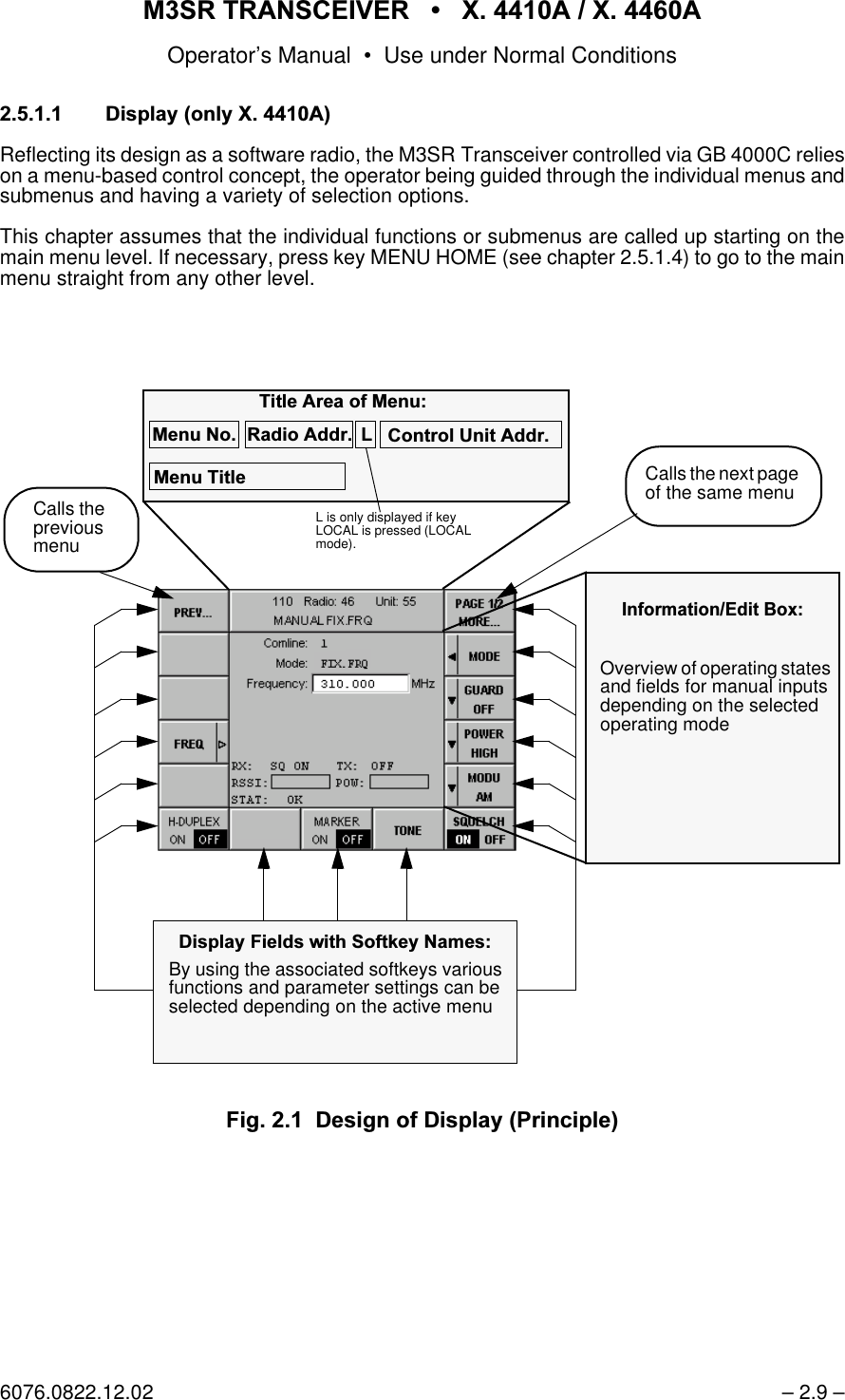 065 75$16&amp;(,9(5  ; $  ; $Operator&rsquo;s Manual &bull; Use under Normal Conditions6076.0822.12.02 &ndash; 2.9 &ndash; 'LVSOD\RQO\; $Reflecting its design as a software radio, the M3SR Transceiver controlled via GB 4000C relieson a menu-based control concept, the operator being guided through the individual menus andsubmenus and having a variety of selection options. This chapter assumes that the individual functions or submenus are called up starting on themain menu level. If necessary, press key MENU HOME (see chapter 2.5.1.4) to go to the mainmenu straight from any other level. )LJ 'HVLJQRI'LVSOD\3ULQFLSOHCalls the previous menu,QIRUPDWLRQ(GLW %R[Overview of operating statesand fields for manual inputsdepending on the selected operating mode0HQX1R5DGLR$GGU&amp;RQWURO 8QLW $GGU0HQX7LWOH7LWOH $UHD RI 0HQX'LVSOD\)LHOGVZLWK6RIWNH\1DPHVBy using the associated softkeys various functions and parameter settings can be selected depending on the active menu Calls the next page of the same menu/L is only displayed if key LOCAL is pressed (LOCAL mode).