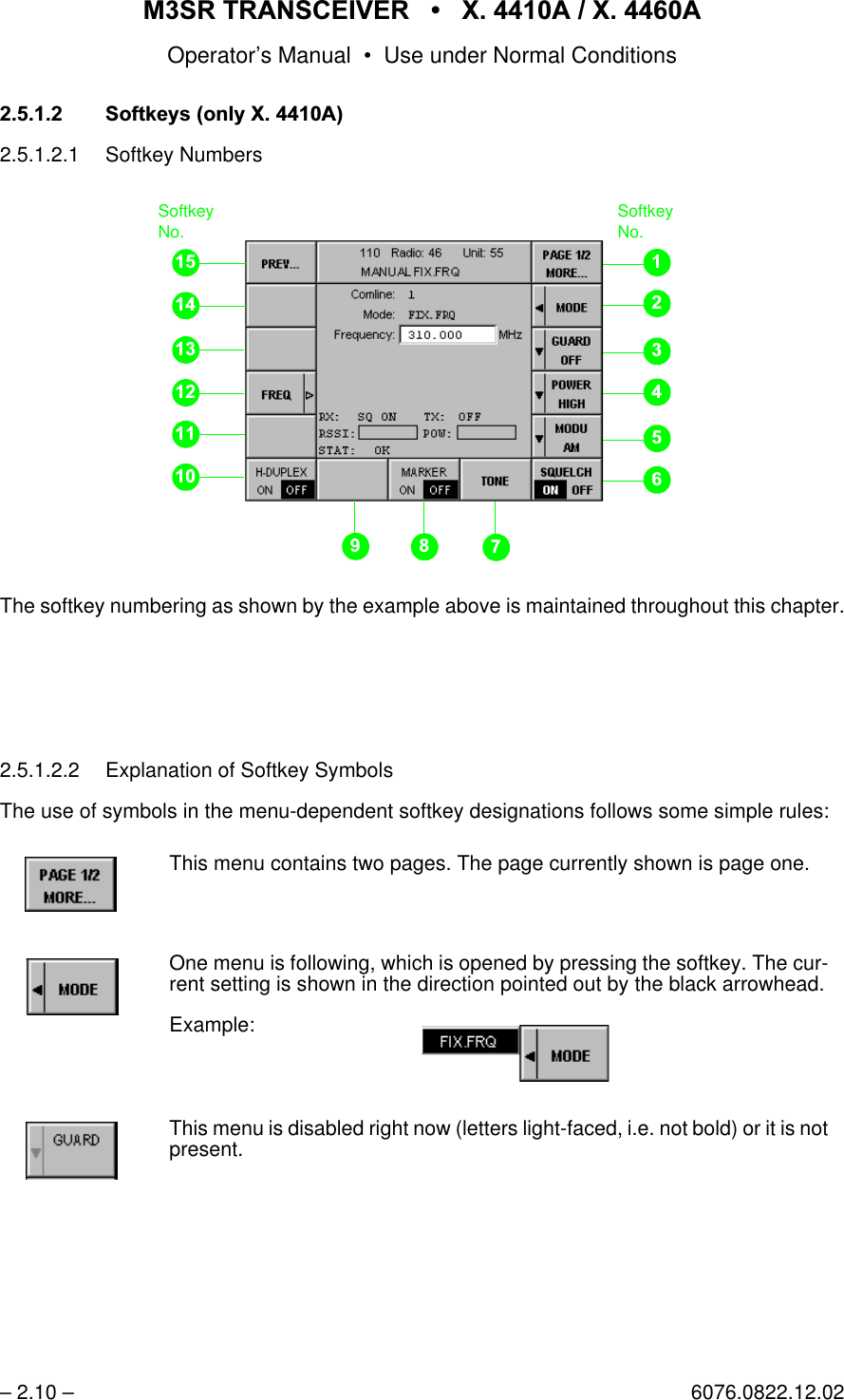 065 75$16&amp;(,9(5  ; $  ; $Operator&rsquo;s Manual &bull; Use under Normal Conditions&ndash; 2.10 &ndash; 6076.0822.12.026RIWNH\VRQO\; $2.5.1.2.1 Softkey NumbersThe softkey numbering as shown by the example above is maintained throughout this chapter.2.5.1.2.2 Explanation of Softkey SymbolsThe use of symbols in the menu-dependent softkey designations follows some simple rules:This menu contains two pages. The page currently shown is page one.One menu is following, which is opened by pressing the softkey. The cur-rent setting is shown in the direction pointed out by the black arrowhead.Example:This menu is disabled right now (letters light-faced, i.e. not bold) or it is notpresent.Softkey No.SoftkeyNo.