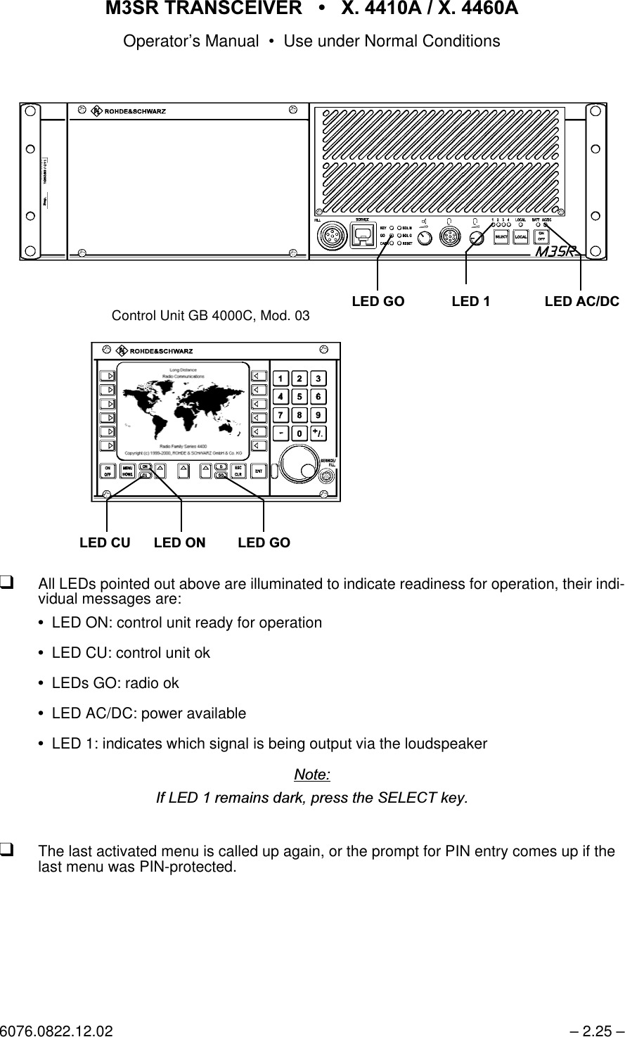 065 75$16&amp;(,9(5  ; $  ; $Operator&rsquo;s Manual &bull; Use under Normal Conditions6076.0822.12.02 &ndash; 2.25 &ndash;qAll LEDs pointed out above are illuminated to indicate readiness for operation, their indi-vidual messages are:LED ON: control unit ready for operationLED CU: control unit okLEDs GO: radio okLED AC/DC: power availableLED 1: indicates which signal is being output via the loudspeaker1RWH,I/('UHPDLQVGDUNSUHVVWKH6(/(&amp;7NH\qThe last activated menu is called up again, or the prompt for PIN entry comes up if the last menu was PIN-protected./('*2 /('$&amp;'&amp;/('&amp;8 /('21/('*2Control Unit GB 4000C, Mod. 03 /('