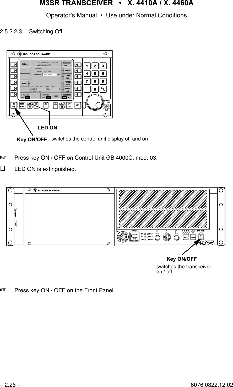 065 75$16&amp;(,9(5  ; $  ; $Operator&rsquo;s Manual &bull; Use under Normal Conditions&ndash; 2.26 &ndash; 6076.0822.12.022.5.2.2.3 Switching Off+Press key ON / OFF on Control Unit GB 4000C, mod. 03.qLED ON is extinguished.+Press key ON / OFF on the Front Panel./('21.H\212)) switches the control unit display off and on.H\212))switches the transceiver on / off