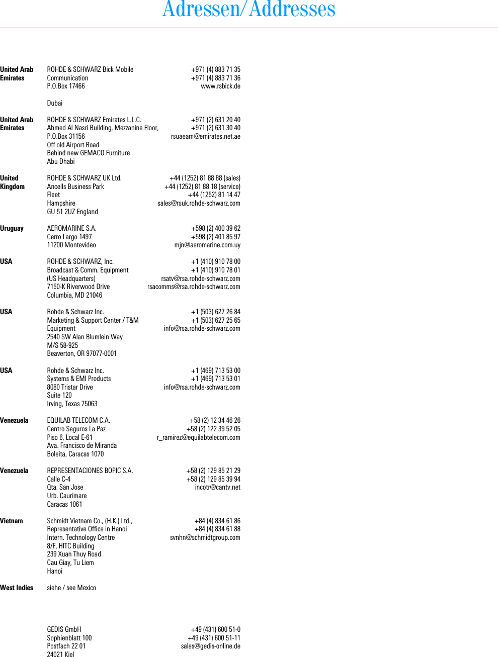 Adressen/AddressesROHDE &amp; SCHWARZ Bick Mobile CommunicationP.O.Box 17466Dubai+971 (4) 883 71 35+971 (4) 883 71 36www.rsbick.deUnited Arab EmiratesROHDE &amp; SCHWARZ Emirates L.L.C.Ahmed Al Nasri Building, Mezzanine Floor, P.O.Box 31156Off old Airport RoadBehind new GEMACO FurnitureAbu Dhabi+971 (2) 631 20 40+971 (2) 631 30 40rsuaeam@emirates.net.aeUnited Arab EmiratesROHDE &amp; SCHWARZ UK Ltd.Ancells Business ParkFleetHampshireGU 51 2UZ England+44 (1252) 81 88 88 (sales)+44 (1252) 81 88 18 (service)+44 (1252) 81 14 47sales@rsuk.rohde-schwarz.comUnitedKingdomAEROMARINE S.A.Cerro Largo 149711200 Montevideo+598 (2) 400 39 62+598 (2) 401 85 97mjn@aeromarine.com.uyUruguayROHDE &amp; SCHWARZ, Inc.Broadcast &amp; Comm. Equipment(US Headquarters)7150-K Riverwood DriveColumbia, MD 21046+1 (410) 910 78 00+1 (410) 910 78 01rsatv@rsa.rohde-schwarz.comrsacomms@rsa.rohde-schwarz.comUSARohde &amp; Schwarz Inc. Marketing &amp; Support Center / T&amp;M Equipment2540 SW Alan Blumlein WayM/S 58-925Beaverton, OR 97077-0001+1 (503) 627 26 84+1 (503) 627 25 65info@rsa.rohde-schwarz.comUSARohde &amp; Schwarz Inc. Systems &amp; EMI Products8080 Tristar DriveSuite 120Irving, Texas 75063+1 (469) 713 53 00+1 (469) 713 53 01info@rsa.rohde-schwarz.comUSAEQUILAB TELECOM C.A.Centro Seguros La PazPiso 6, Local E-61Ava. Francisco de MirandaBoleita, Caracas 1070+58 (2) 12 34 46 26+58 (2) 122 39 52 05r_ramirez@equilabtelecom.comVenezuelaREPRESENTACIONES BOPIC S.A.Calle C-4Qta. San JoseUrb. CaurimareCaracas 1061+58 (2) 129 85 21 29+58 (2) 129 85 39 94incotr@cantv.netVenezuelaSchmidt Vietnam Co., (H.K.) Ltd., Representative Office in HanoiIntern. Technology Centre8/F, HITC Building239 Xuan Thuy RoadCau Giay, Tu LiemHanoi+84 (4) 834 61 86+84 (4) 834 61 88svnhn@schmidtgroup.comVietnamsiehe / see MexicoWest IndiesGEDIS GmbHSophienblatt 100Postfach 22 0124021 Kiel+49 (431) 600 51-0+49 (431) 600 51-11sales@gedis-online.de