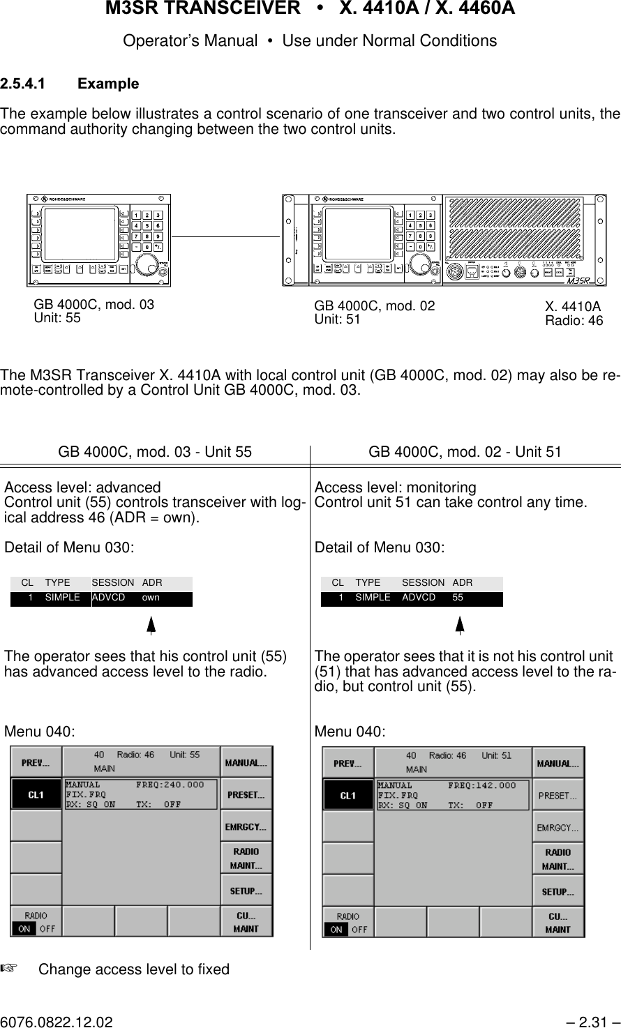 065 75$16&amp;(,9(5  ; $  ; $Operator&rsquo;s Manual &bull; Use under Normal Conditions6076.0822.12.02 &ndash; 2.31 &ndash; ([DPSOHThe example below illustrates a control scenario of one transceiver and two control units, thecommand authority changing between the two control units. The M3SR Transceiver X. 4410A with local control unit (GB 4000C, mod. 02) may also be re-mote-controlled by a Control Unit GB 4000C, mod. 03.+Change access level to fixedGB 4000C, mod. 03 - Unit 55 GB 4000C, mod. 02 - Unit 51Access level: advancedControl unit (55) controls transceiver with log-ical address 46 (ADR = own).Detail of Menu 030:The operator sees that his control unit (55) has advanced access level to the radio. Menu 040:Access level: monitoringControl unit 51 can take control any time.Detail of Menu 030:The operator sees that it is not his control unit (51) that has advanced access level to the ra-dio, but control unit (55). Menu 040:GB 4000C, mod. 02Unit: 51 X. 4410ARadio: 46GB 4000C, mod. 03Unit: 55CL TYPE SESSION ADR1SIMPLE ADVCD ownCL TYPE SESSION ADR1SIMPLE ADVCD 55