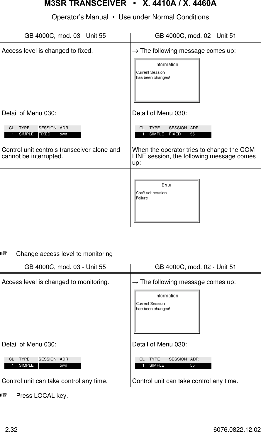 065 75$16&amp;(,9(5  ; $  ; $Operator&rsquo;s Manual &bull; Use under Normal Conditions&ndash; 2.32 &ndash; 6076.0822.12.02+Change access level to monitoring+Press LOCAL key.GB 4000C, mod. 03 - Unit 55 GB 4000C, mod. 02 - Unit 51Access level is changed to fixed.Detail of Menu 030:Control unit controls transceiver alone and cannot be interrupted.&rarr; The following message comes up:Detail of Menu 030:When the operator tries to change the COM-LINE session, the following message comes up:GB 4000C, mod. 03 - Unit 55 GB 4000C, mod. 02 - Unit 51Access level is changed to monitoring.Detail of Menu 030:Control unit can take control any time.&rarr; The following message comes up:Detail of Menu 030:Control unit can take control any time.CL TYPE SESSION ADR1SIMPLE FIXED ownCL TYPE SESSION ADR1SIMPLE FIXED 55CL TYPE SESSION ADR1SIMPLE ownCL TYPE SESSION ADR1SIMPLE 55