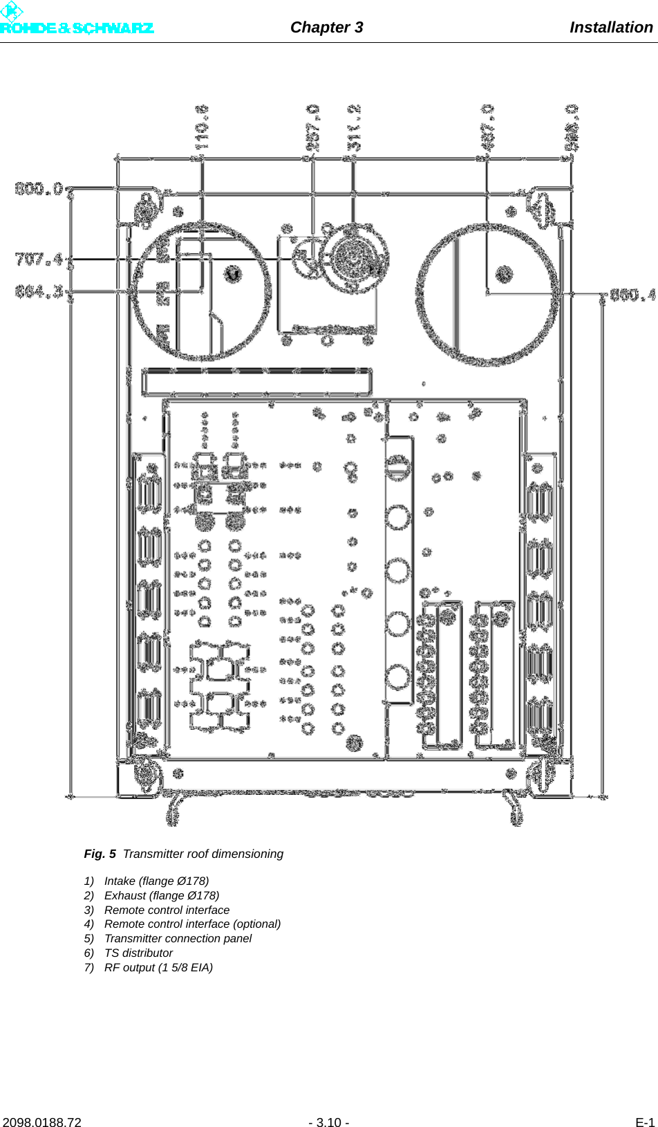 Chapter 3 Installation2098.0188.72 - 3.10 - E-1Fig. 5 Transmitter roof dimensioning1) Intake (flange Ø178)2) Exhaust (flange Ø178)3) Remote control interface4) Remote control interface (optional)5) Transmitter connection panel6) TS distributor7) RF output (1 5/8 EIA)