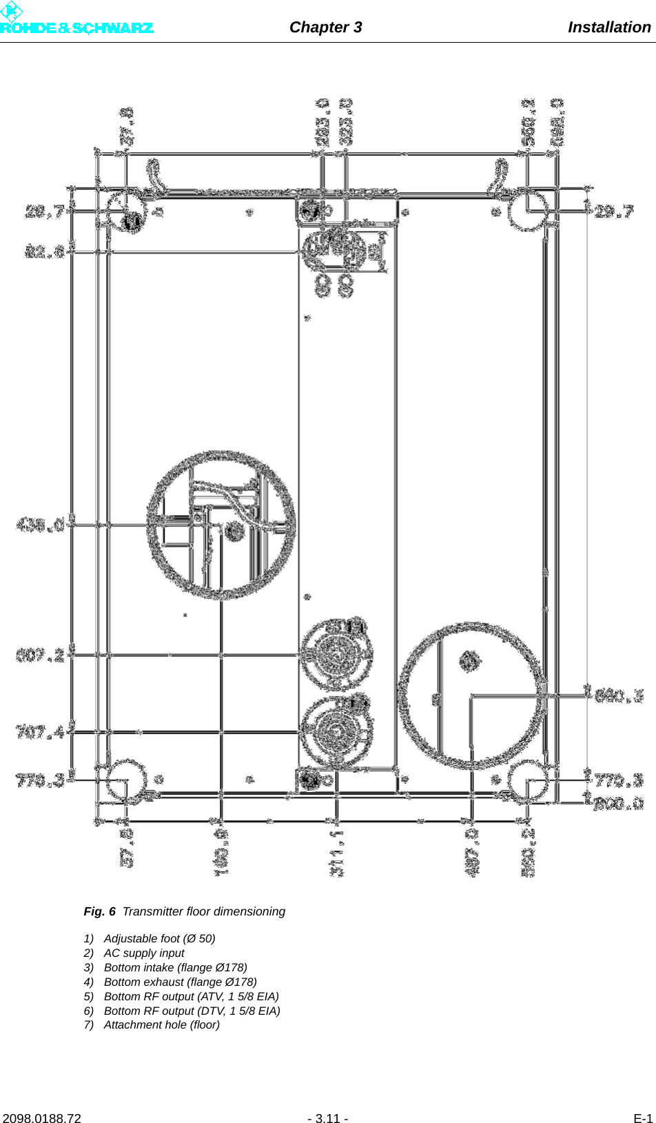 Chapter 3 Installation2098.0188.72 - 3.11 - E-1Fig. 6 Transmitter floor dimensioning1) Adjustable foot (Ø 50)2) AC supply input3) Bottom intake (flange Ø178)4) Bottom exhaust (flange Ø178)5) Bottom RF output (ATV, 1 5/8 EIA)6) Bottom RF output (DTV, 1 5/8 EIA)7) Attachment hole (floor)