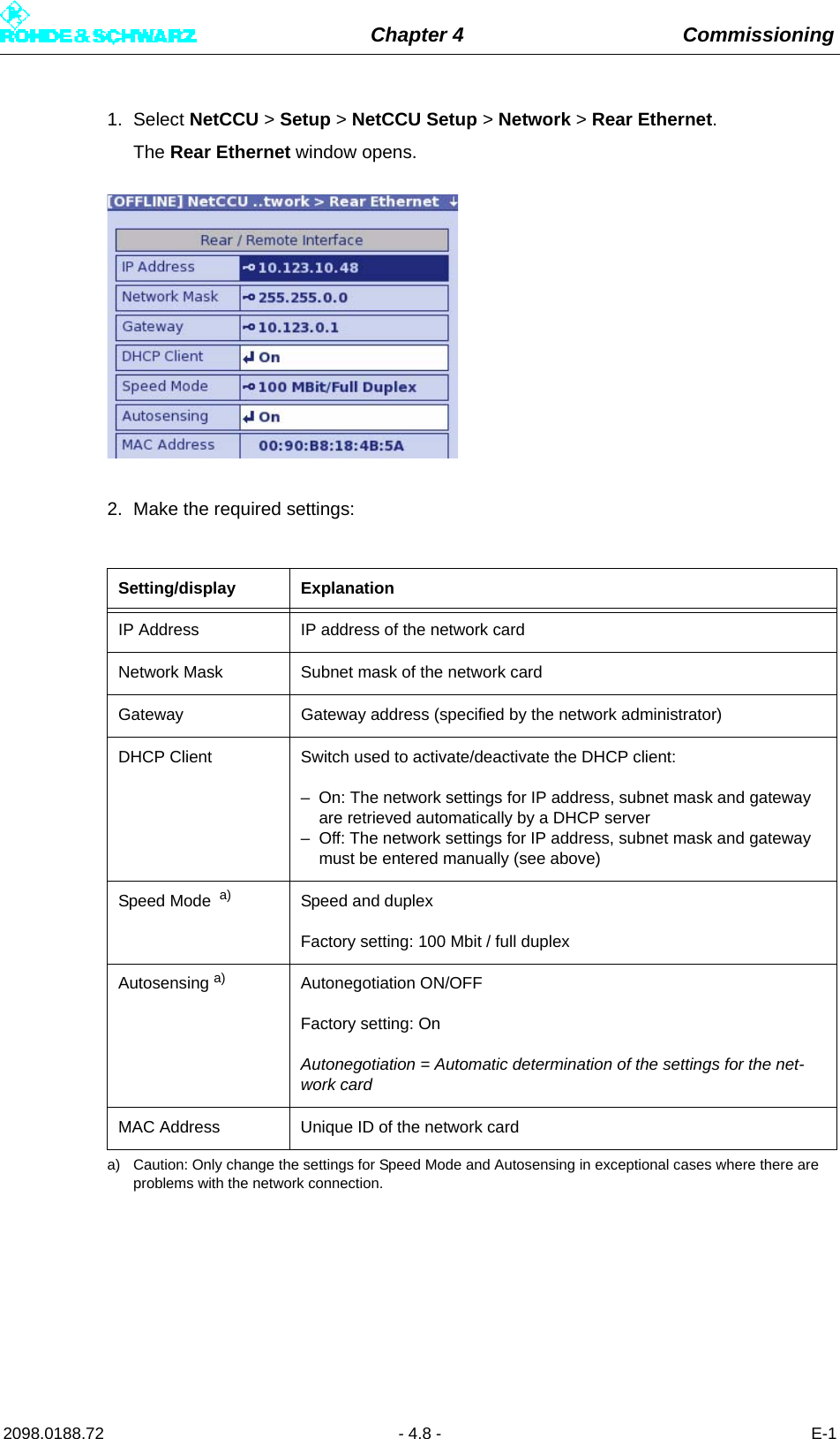 Chapter 4 Commissioning2098.0188.72 - 4.8 - E-11. Select NetCCU &gt; Setup &gt; NetCCU Setup &gt; Network &gt; Rear Ethernet.The Rear Ethernet window opens.2. Make the required settings:Setting/display ExplanationIP Address IP address of the network cardNetwork Mask Subnet mask of the network cardGateway Gateway address (specified by the network administrator)DHCP Client Switch used to activate/deactivate the DHCP client:– On: The network settings for IP address, subnet mask and gateway are retrieved automatically by a DHCP server– Off: The network settings for IP address, subnet mask and gateway must be entered manually (see above)Speed Mode  a)a) Caution: Only change the settings for Speed Mode and Autosensing in exceptional cases where there are problems with the network connection.Speed and duplexFactory setting: 100 Mbit / full duplexAutosensing a) Autonegotiation ON/OFFFactory setting: OnAutonegotiation = Automatic determination of the settings for the net-work cardMAC Address Unique ID of the network card