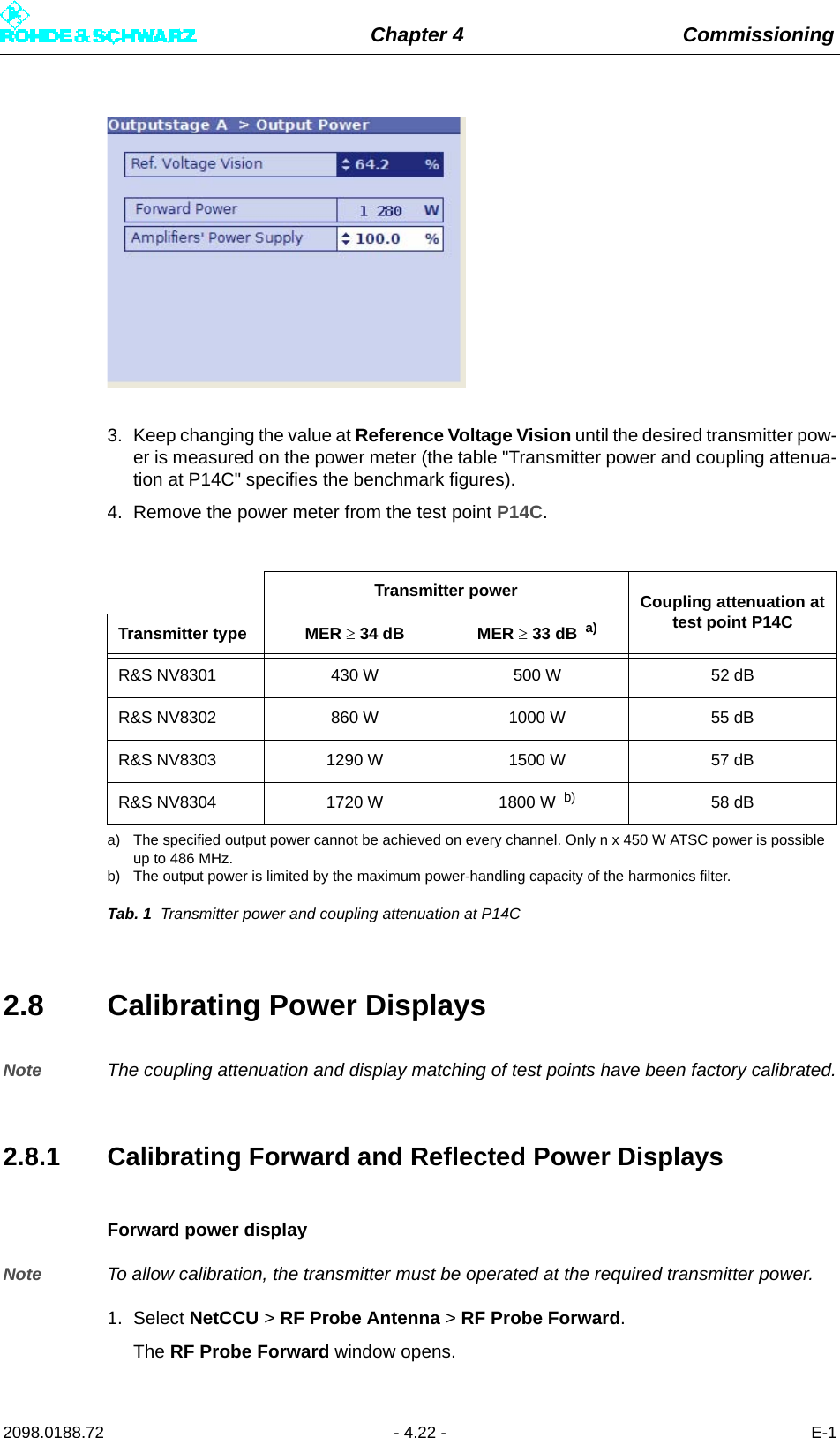 Chapter 4 Commissioning2098.0188.72 - 4.22 - E-13. Keep changing the value at Reference Voltage Vision until the desired transmitter pow-er is measured on the power meter (the table &quot;Transmitter power and coupling attenua-tion at P14C&quot; specifies the benchmark figures).4. Remove the power meter from the test point P14C.Tab. 1 Transmitter power and coupling attenuation at P14C2.8 Calibrating Power DisplaysNote The coupling attenuation and display matching of test points have been factory calibrated.2.8.1 Calibrating Forward and Reflected Power DisplaysForward power displayNote To allow calibration, the transmitter must be operated at the required transmitter power.1. Select NetCCU &gt; RF Probe Antenna &gt; RF Probe Forward.The RF Probe Forward window opens. Transmitter power Coupling attenuation at test point P14CTransmitter type MER  34 dB MER  33 dB  a)a) The specified output power cannot be achieved on every channel. Only n x 450 W ATSC power is possible up to 486 MHz.R&amp;S NV8301 430 W 500 W 52 dBR&amp;S NV8302 860 W 1000 W 55 dBR&amp;S NV8303 1290 W 1500 W 57 dBR&amp;S NV8304 1720 W 1800 W  b)b) The output power is limited by the maximum power-handling capacity of the harmonics filter.58 dB