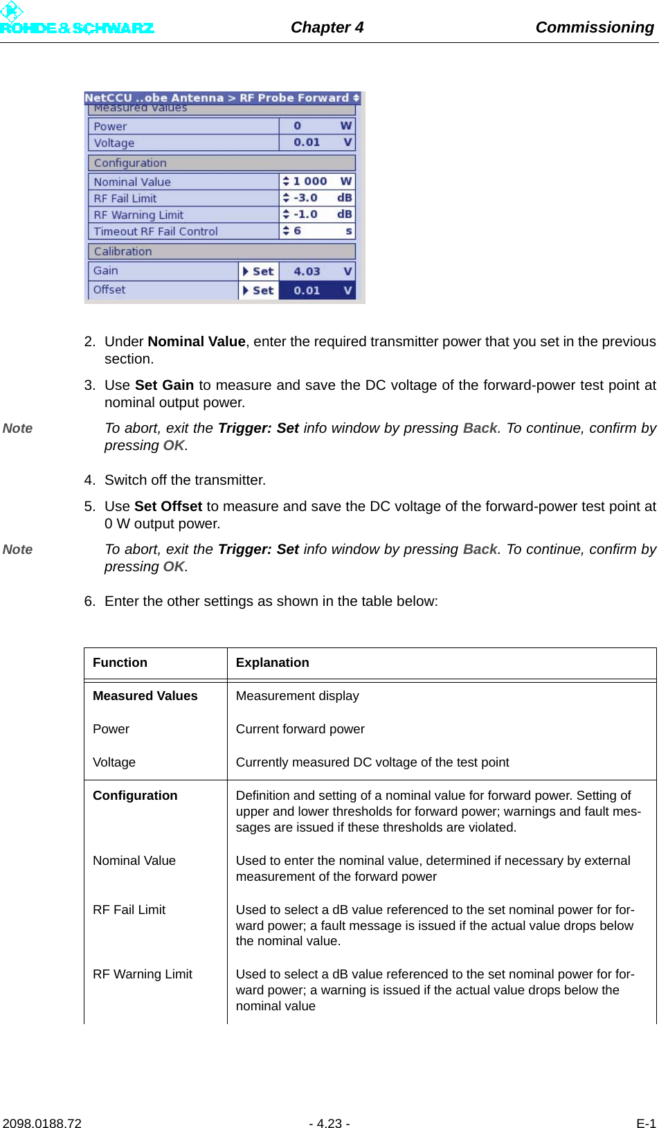 Chapter 4 Commissioning2098.0188.72 - 4.23 - E-12. Under Nominal Value, enter the required transmitter power that you set in the previoussection.3. Use Set Gain to measure and save the DC voltage of the forward-power test point atnominal output power.Note To abort, exit the Trigger: Set info window by pressing Back. To continue, confirm bypressing OK.4. Switch off the transmitter.5. Use Set Offset to measure and save the DC voltage of the forward-power test point at0 W output power.Note To abort, exit the Trigger: Set info window by pressing Back. To continue, confirm bypressing OK.6. Enter the other settings as shown in the table below:Function ExplanationMeasured Values Measurement displayPower Current forward powerVoltage Currently measured DC voltage of the test pointConfiguration Definition and setting of a nominal value for forward power. Setting of upper and lower thresholds for forward power; warnings and fault mes-sages are issued if these thresholds are violated.Nominal Value Used to enter the nominal value, determined if necessary by external measurement of the forward powerRF Fail Limit Used to select a dB value referenced to the set nominal power for for-ward power; a fault message is issued if the actual value drops below the nominal value.RF Warning Limit Used to select a dB value referenced to the set nominal power for for-ward power; a warning is issued if the actual value drops below the nominal value