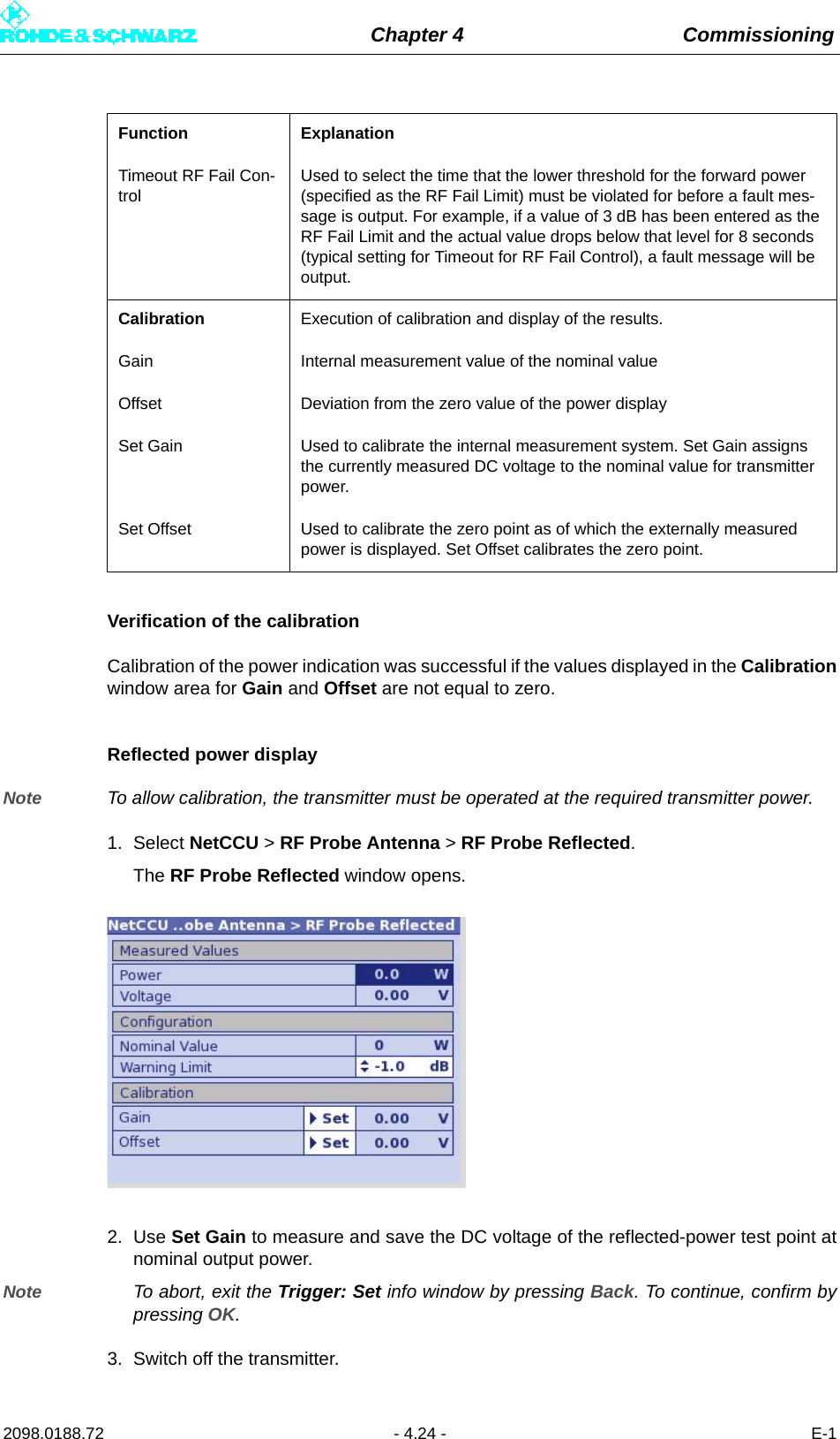 Chapter 4 Commissioning2098.0188.72 - 4.24 - E-1Verification of the calibrationCalibration of the power indication was successful if the values displayed in the Calibrationwindow area for Gain and Offset are not equal to zero.Reflected power displayNote To allow calibration, the transmitter must be operated at the required transmitter power.1. Select NetCCU &gt; RF Probe Antenna &gt; RF Probe Reflected.The RF Probe Reflected window opens. 2. Use Set Gain to measure and save the DC voltage of the reflected-power test point atnominal output power.Note To abort, exit the Trigger: Set info window by pressing Back. To continue, confirm bypressing OK.3. Switch off the transmitter.Timeout RF Fail Con-trolUsed to select the time that the lower threshold for the forward power (specified as the RF Fail Limit) must be violated for before a fault mes-sage is output. For example, if a value of 3 dB has been entered as the RF Fail Limit and the actual value drops below that level for 8 seconds (typical setting for Timeout for RF Fail Control), a fault message will be output.Calibration Execution of calibration and display of the results.Gain Internal measurement value of the nominal valueOffset Deviation from the zero value of the power displaySet Gain Used to calibrate the internal measurement system. Set Gain assigns the currently measured DC voltage to the nominal value for transmitter power.Set Offset Used to calibrate the zero point as of which the externally measured power is displayed. Set Offset calibrates the zero point.Function Explanation