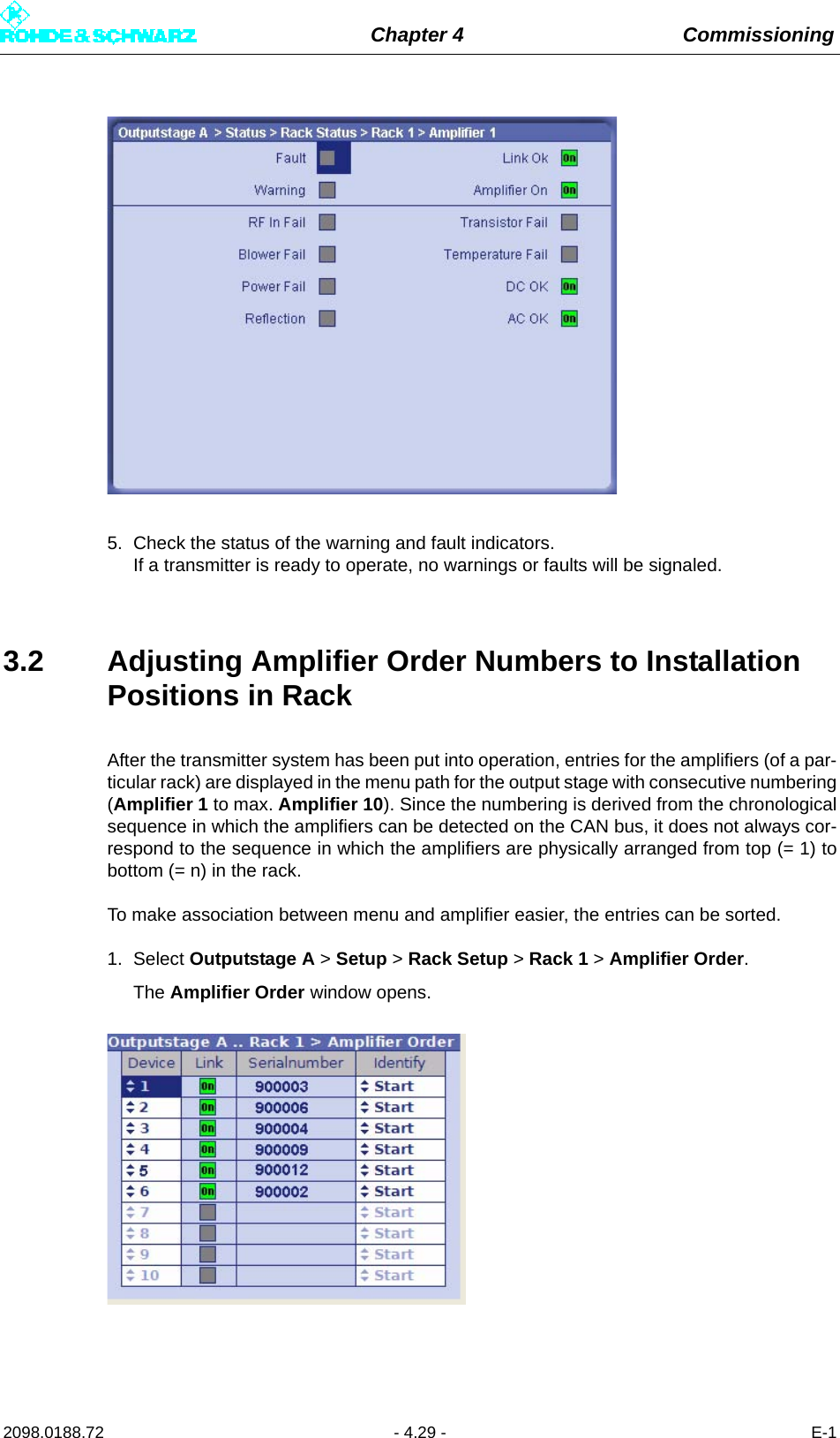 Chapter 4 Commissioning2098.0188.72 - 4.29 - E-15. Check the status of the warning and fault indicators. If a transmitter is ready to operate, no warnings or faults will be signaled.3.2 Adjusting Amplifier Order Numbers to Installation Positions in RackAfter the transmitter system has been put into operation, entries for the amplifiers (of a par-ticular rack) are displayed in the menu path for the output stage with consecutive numbering(Amplifier 1 to max. Amplifier 10). Since the numbering is derived from the chronologicalsequence in which the amplifiers can be detected on the CAN bus, it does not always cor-respond to the sequence in which the amplifiers are physically arranged from top (= 1) tobottom (= n) in the rack.To make association between menu and amplifier easier, the entries can be sorted.1. Select Outputstage A &gt; Setup &gt; Rack Setup &gt; Rack 1 &gt; Amplifier Order.The Amplifier Order window opens.