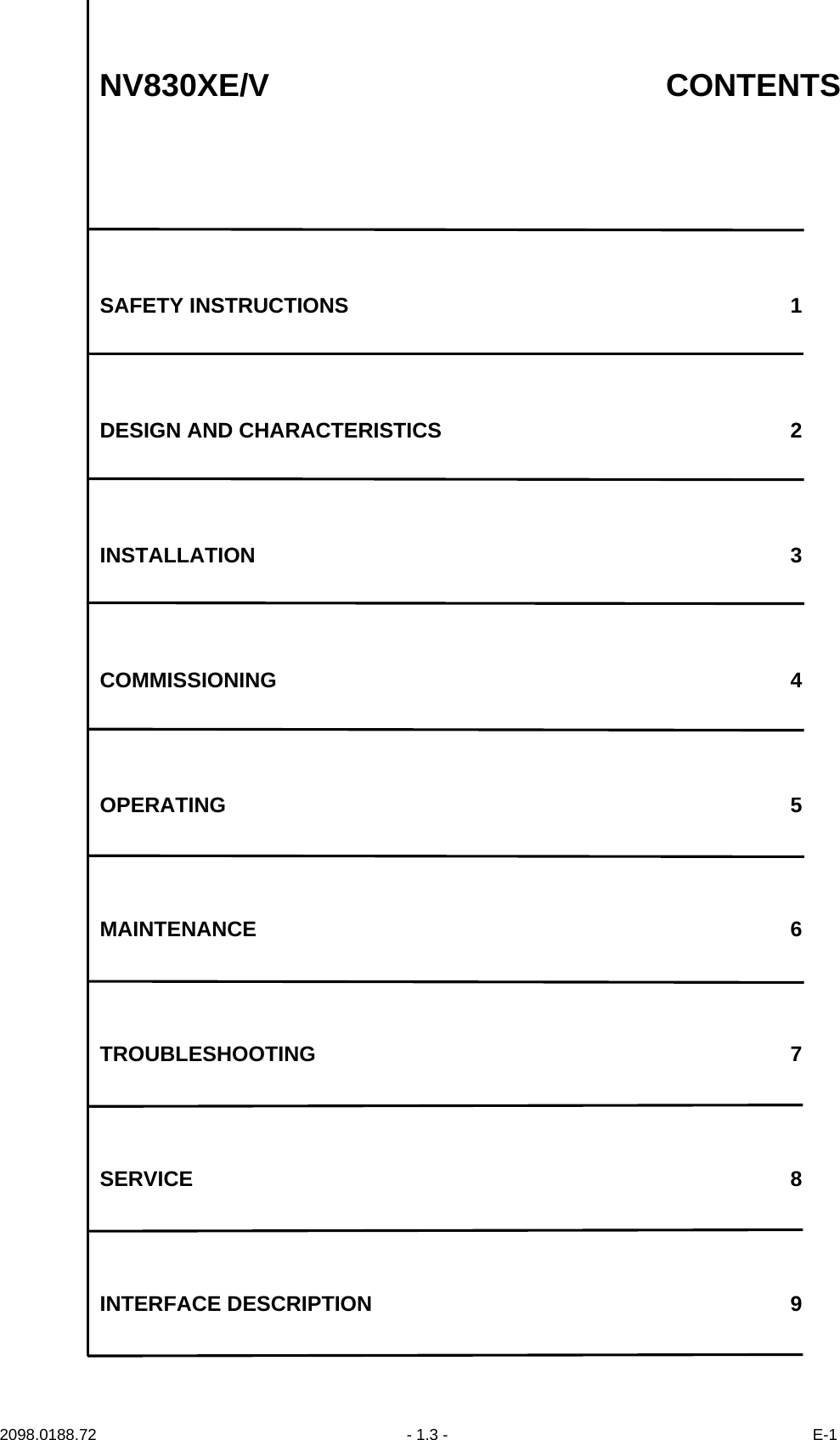 2098.0188.72  - 1.3 - E-1NV830XE/V CONTENTSSAFETY INSTRUCTIONS 1DESIGN AND CHARACTERISTICS 2INSTALLATION 3COMMISSIONING 4OPERATING 5MAINTENANCE 6TROUBLESHOOTING 7SERVICE 8INTERFACE DESCRIPTION 9