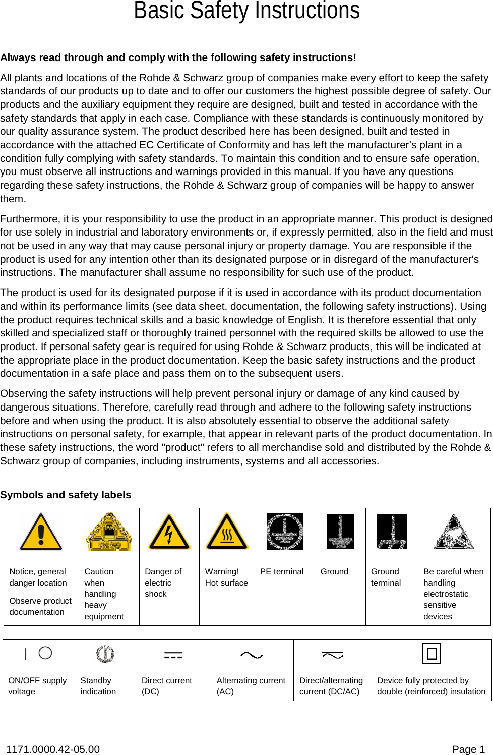 1171.0000.42-05.00  Page 1 Basic Safety Instructions Always read through and comply with the following safety instructions! All plants and locations of the Rohde &amp; Schwarz group of companies make every effort to keep the safety standards of our products up to date and to offer our customers the highest possible degree of safety. Our products and the auxiliary equipment they require are designed, built and tested in accordance with the safety standards that apply in each case. Compliance with these standards is continuously monitored by our quality assurance system. The product described here has been designed, built and tested in accordance with the attached EC Certificate of Conformity and has left the manufacturer’s plant in a condition fully complying with safety standards. To maintain this condition and to ensure safe operation, you must observe all instructions and warnings provided in this manual. If you have any questions regarding these safety instructions, the Rohde &amp; Schwarz group of companies will be happy to answer them. Furthermore, it is your responsibility to use the product in an appropriate manner. This product is designed for use solely in industrial and laboratory environments or, if expressly permitted, also in the field and must not be used in any way that may cause personal injury or property damage. You are responsible if the product is used for any intention other than its designated purpose or in disregard of the manufacturer&apos;s instructions. The manufacturer shall assume no responsibility for such use of the product.  The product is used for its designated purpose if it is used in accordance with its product documentation and within its performance limits (see data sheet, documentation, the following safety instructions). Using the product requires technical skills and a basic knowledge of English. It is therefore essential that only skilled and specialized staff or thoroughly trained personnel with the required skills be allowed to use the product. If personal safety gear is required for using Rohde &amp; Schwarz products, this will be indicated at the appropriate place in the product documentation. Keep the basic safety instructions and the product documentation in a safe place and pass them on to the subsequent users. Observing the safety instructions will help prevent personal injury or damage of any kind caused by dangerous situations. Therefore, carefully read through and adhere to the following safety instructions before and when using the product. It is also absolutely essential to observe the additional safety instructions on personal safety, for example, that appear in relevant parts of the product documentation. In these safety instructions, the word &quot;product&quot; refers to all merchandise sold and distributed by the Rohde &amp; Schwarz group of companies, including instruments, systems and all accessories.  Symbols and safety labels Notice, general danger location Observe product documentation Caution when handling heavy equipment Danger of electric shock Warning! Hot surface PE terminal  Ground  Ground terminal Be careful when handling electrostatic sensitive devices ON/OFF supply voltage  Standby indication  Direct current (DC) Alternating current (AC) Direct/alternating current (DC/AC) Device fully protected by double (reinforced) insulation 