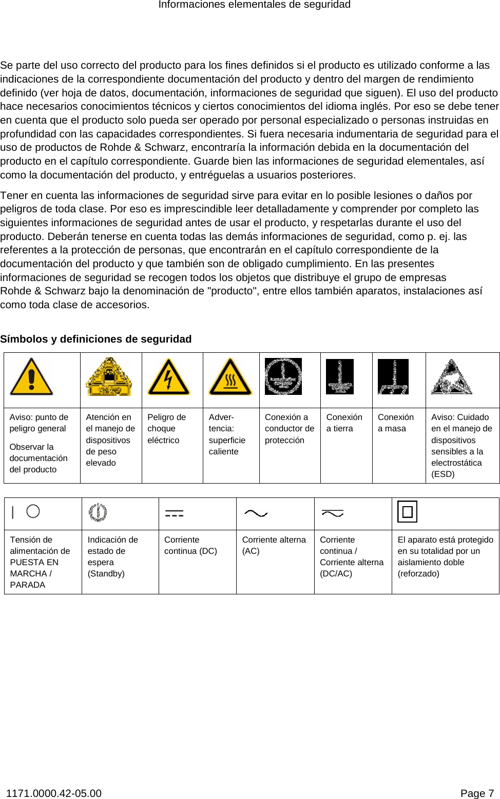 Informaciones elementales de seguridad 1171.0000.42-05.00  Page 7 Se parte del uso correcto del producto para los fines definidos si el producto es utilizado conforme a las indicaciones de la correspondiente documentación del producto y dentro del margen de rendimiento definido (ver hoja de datos, documentación, informaciones de seguridad que siguen). El uso del producto hace necesarios conocimientos técnicos y ciertos conocimientos del idioma inglés. Por eso se debe tener en cuenta que el producto solo pueda ser operado por personal especializado o personas instruidas en profundidad con las capacidades correspondientes. Si fuera necesaria indumentaria de seguridad para el uso de productos de Rohde &amp; Schwarz, encontraría la información debida en la documentación del producto en el capítulo correspondiente. Guarde bien las informaciones de seguridad elementales, así como la documentación del producto, y entréguelas a usuarios posteriores. Tener en cuenta las informaciones de seguridad sirve para evitar en lo posible lesiones o daños por peligros de toda clase. Por eso es imprescindible leer detalladamente y comprender por completo las siguientes informaciones de seguridad antes de usar el producto, y respetarlas durante el uso del producto. Deberán tenerse en cuenta todas las demás informaciones de seguridad, como p. ej. las referentes a la protección de personas, que encontrarán en el capítulo correspondiente de la documentación del producto y que también son de obligado cumplimiento. En las presentes informaciones de seguridad se recogen todos los objetos que distribuye el grupo de empresas Rohde &amp; Schwarz bajo la denominación de &quot;producto&quot;, entre ellos también aparatos, instalaciones así como toda clase de accesorios. Símbolos y definiciones de seguridad Aviso: punto de peligro general Observar la documentación del producto Atención en el manejo de dispositivos de peso elevado Peligro de choque eléctrico Adver-tencia: superficie caliente Conexión a conductor de protección Conexión atierra Conexión amasa Aviso: Cuidado en el manejo de dispositivos sensibles a la electrostática (ESD) Tensión de alimentación de PUESTA EN MARCHA / PARADA  Indicación de estado de espera  (Standby)  Corriente continua (DC) Corriente alterna (AC) Corriente continua / Corriente alterna (DC/AC) El aparato está protegido en su totalidad por un aislamiento doble (reforzado) 