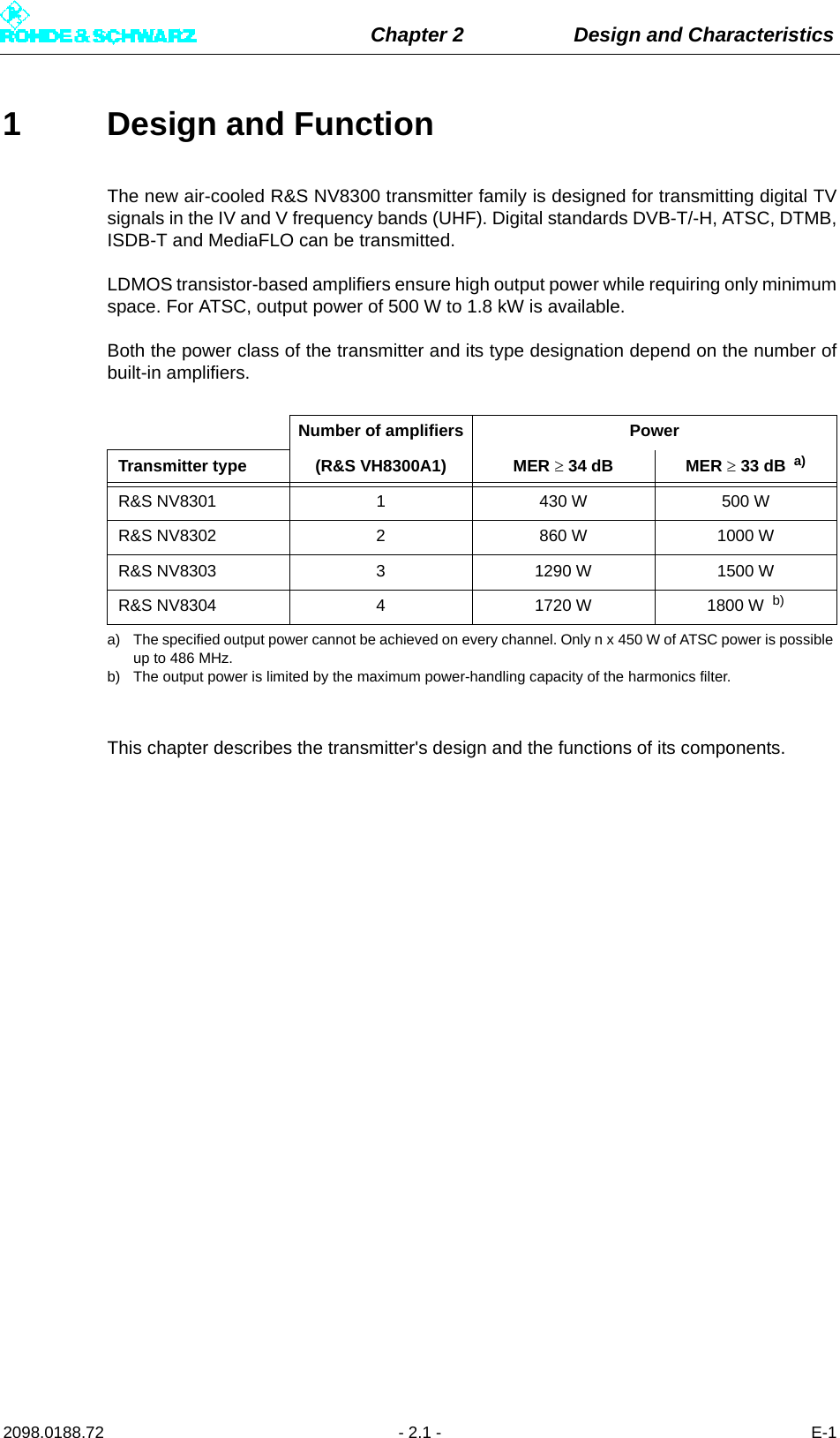 Chapter 2 Design and Characteristics2098.0188.72 - 2.1 - E-11 Design and FunctionThe new air-cooled R&amp;S NV8300 transmitter family is designed for transmitting digital TVsignals in the IV and V frequency bands (UHF). Digital standards DVB-T/-H, ATSC, DTMB,ISDB-T and MediaFLO can be transmitted.LDMOS transistor-based amplifiers ensure high output power while requiring only minimumspace. For ATSC, output power of 500 W to 1.8 kW is available.Both the power class of the transmitter and its type designation depend on the number ofbuilt-in amplifiers.This chapter describes the transmitter&apos;s design and the functions of its components.Number of amplifiers PowerTransmitter type (R&amp;S VH8300A1) MER  34 dB MER  33 dB  a)a) The specified output power cannot be achieved on every channel. Only n x 450 W of ATSC power is possible up to 486 MHz.R&amp;S NV8301 1 430 W 500 WR&amp;S NV8302 2 860 W 1000 WR&amp;S NV8303 3 1290 W 1500 WR&amp;S NV8304 4 1720 W 1800 W  b)b) The output power is limited by the maximum power-handling capacity of the harmonics filter.