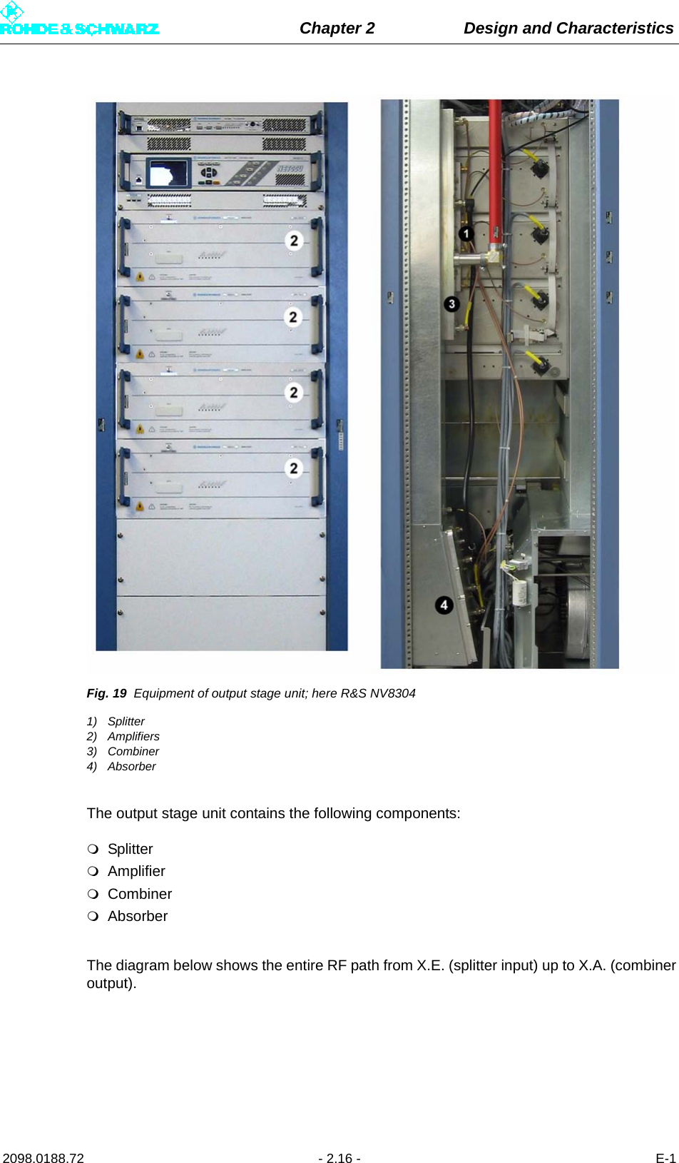 Chapter 2 Design and Characteristics2098.0188.72 - 2.16 - E-1Fig. 19 Equipment of output stage unit; here R&amp;S NV83041) Splitter2) Amplifiers3) Combiner4) AbsorberThe output stage unit contains the following components:SplitterAmplifierCombinerAbsorberThe diagram below shows the entire RF path from X.E. (splitter input) up to X.A. (combineroutput). 