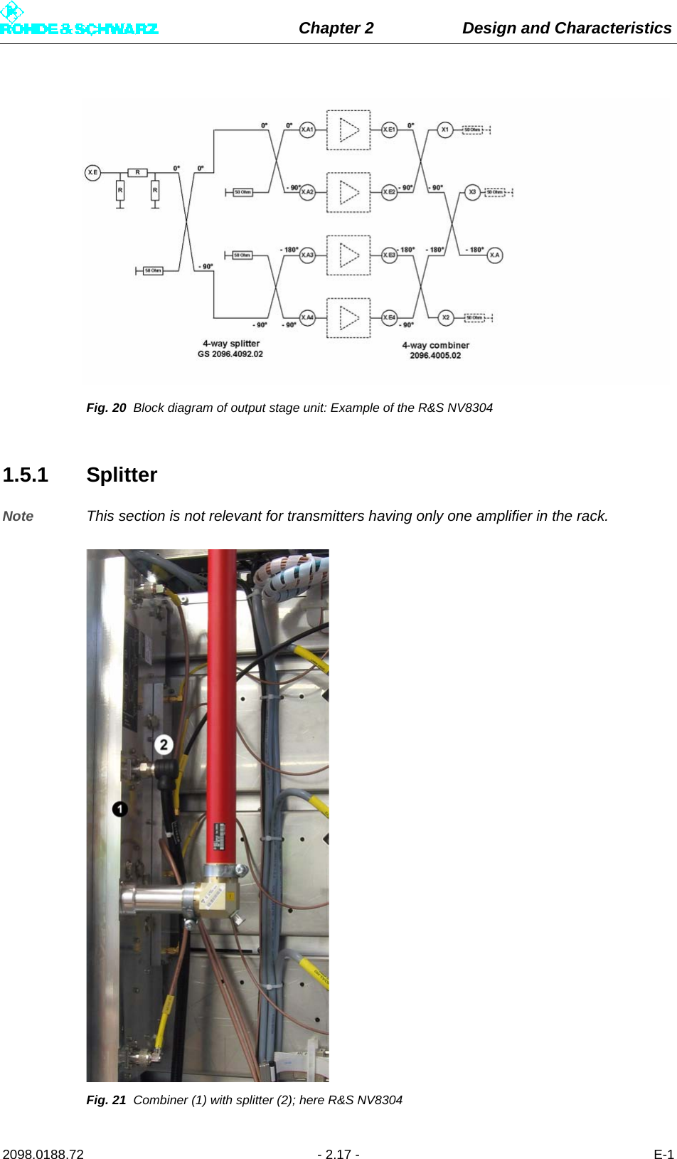 Chapter 2 Design and Characteristics2098.0188.72 - 2.17 - E-1Fig. 20 Block diagram of output stage unit: Example of the R&amp;S NV83041.5.1 SplitterNote This section is not relevant for transmitters having only one amplifier in the rack.Fig. 21 Combiner (1) with splitter (2); here R&amp;S NV8304