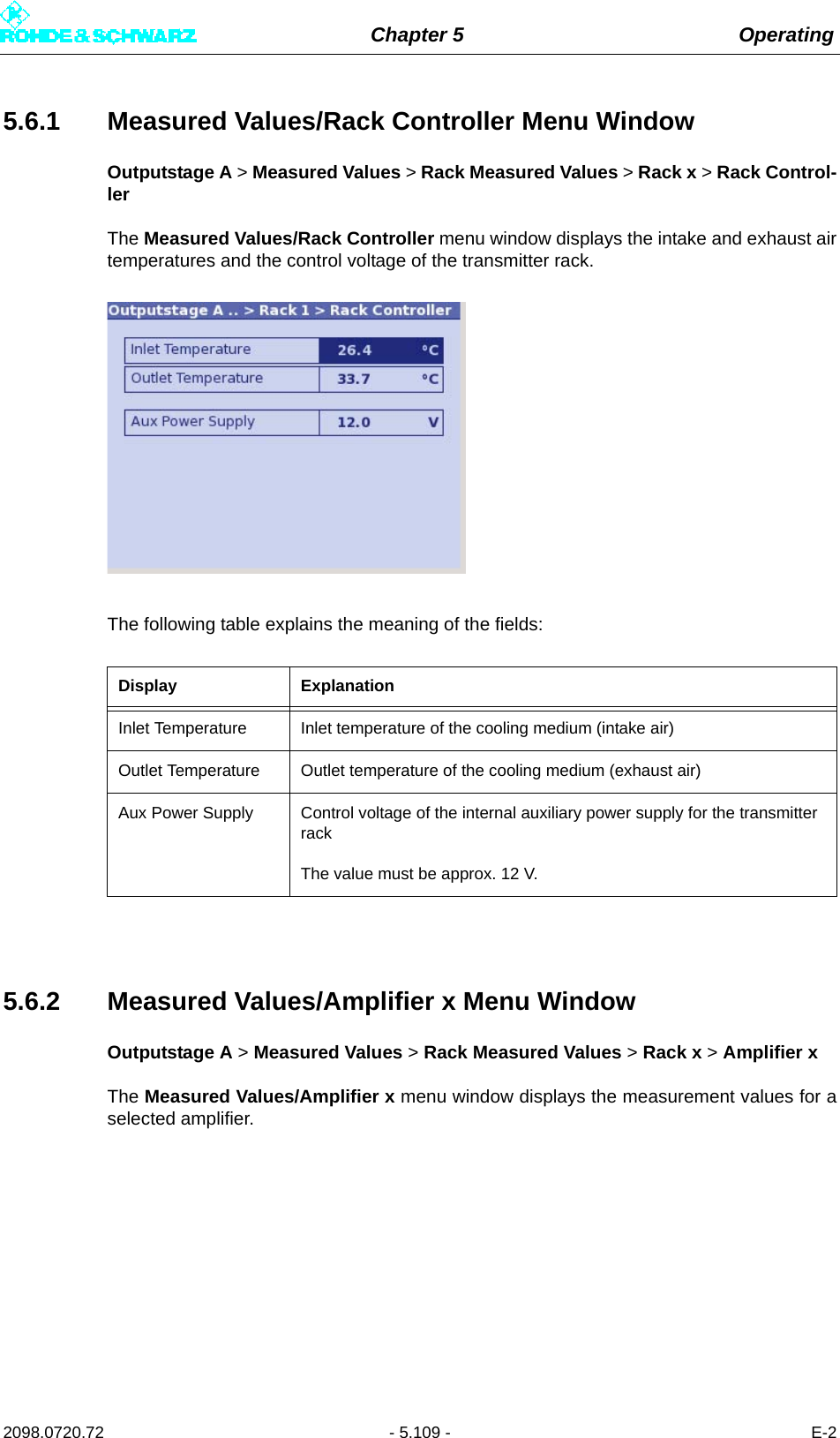 Chapter 5 Operating2098.0720.72 - 5.109 - E-25.6.1 Measured Values/Rack Controller Menu WindowOutputstage A &gt; Measured Values &gt; Rack Measured Values &gt; Rack x &gt; Rack Control-lerThe Measured Values/Rack Controller menu window displays the intake and exhaust airtemperatures and the control voltage of the transmitter rack.The following table explains the meaning of the fields:5.6.2 Measured Values/Amplifier x Menu WindowOutputstage A &gt; Measured Values &gt; Rack Measured Values &gt; Rack x &gt; Amplifier xThe Measured Values/Amplifier x menu window displays the measurement values for aselected amplifier.Display ExplanationInlet Temperature Inlet temperature of the cooling medium (intake air)Outlet Temperature Outlet temperature of the cooling medium (exhaust air)Aux Power Supply Control voltage of the internal auxiliary power supply for the transmitter rackThe value must be approx. 12 V.