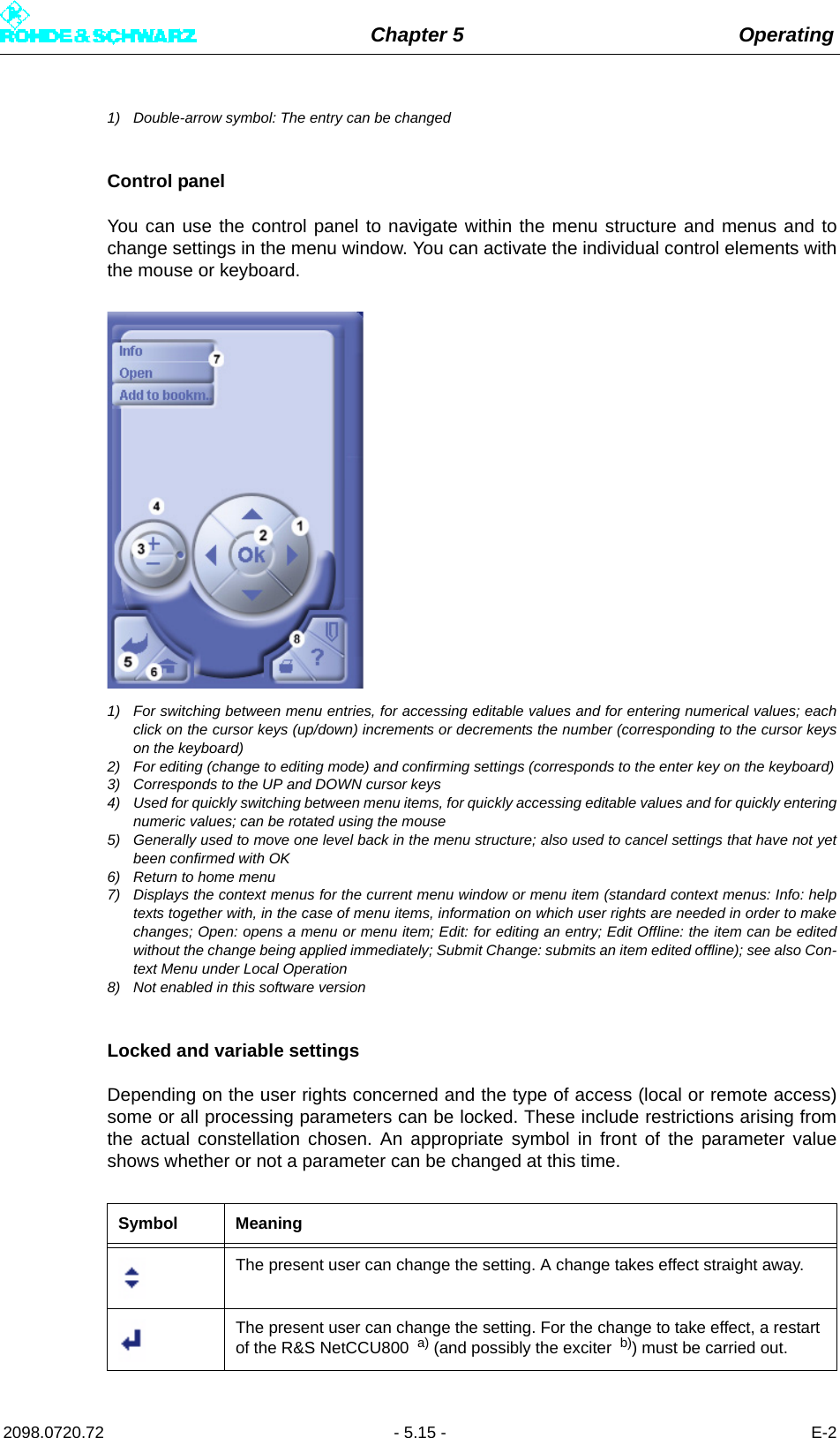 Chapter 5 Operating2098.0720.72 - 5.15 - E-21) Double-arrow symbol: The entry can be changedControl panelYou can use the control panel to navigate within the menu structure and menus and tochange settings in the menu window. You can activate the individual control elements withthe mouse or keyboard. 1) For switching between menu entries, for accessing editable values and for entering numerical values; eachclick on the cursor keys (up/down) increments or decrements the number (corresponding to the cursor keyson the keyboard)2) For editing (change to editing mode) and confirming settings (corresponds to the enter key on the keyboard)3) Corresponds to the UP and DOWN cursor keys4) Used for quickly switching between menu items, for quickly accessing editable values and for quickly enteringnumeric values; can be rotated using the mouse5) Generally used to move one level back in the menu structure; also used to cancel settings that have not yetbeen confirmed with OK6) Return to home menu 7) Displays the context menus for the current menu window or menu item (standard context menus: Info: helptexts together with, in the case of menu items, information on which user rights are needed in order to makechanges; Open: opens a menu or menu item; Edit: for editing an entry; Edit Offline: the item can be editedwithout the change being applied immediately; Submit Change: submits an item edited offline); see also Con-text Menu under Local Operation8) Not enabled in this software versionLocked and variable settingsDepending on the user rights concerned and the type of access (local or remote access)some or all processing parameters can be locked. These include restrictions arising fromthe actual constellation chosen. An appropriate symbol in front of the parameter valueshows whether or not a parameter can be changed at this time.Symbol MeaningThe present user can change the setting. A change takes effect straight away.The present user can change the setting. For the change to take effect, a restart of the R&amp;S NetCCU800  a) (and possibly the exciter  b)) must be carried out.