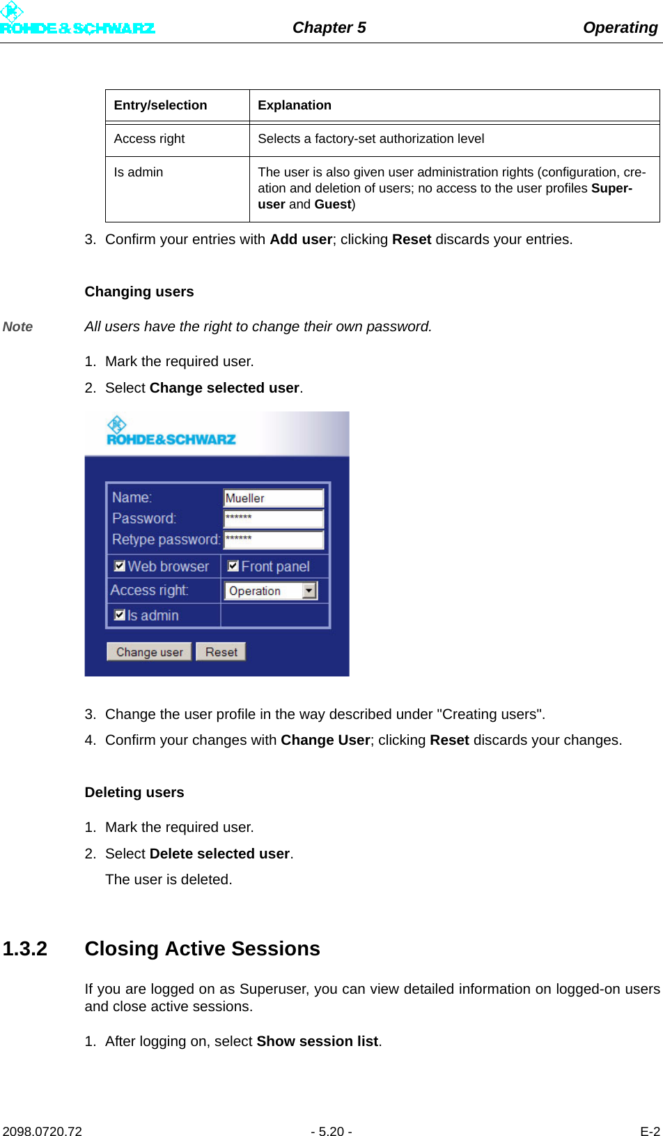 Chapter 5 Operating2098.0720.72 - 5.20 - E-23. Confirm your entries with Add user; clicking Reset discards your entries.Changing usersNote All users have the right to change their own password.1. Mark the required user.2. Select Change selected user.3. Change the user profile in the way described under &quot;Creating users&quot;. 4. Confirm your changes with Change User; clicking Reset discards your changes.Deleting users1. Mark the required user.2. Select Delete selected user.The user is deleted.1.3.2 Closing Active SessionsIf you are logged on as Superuser, you can view detailed information on logged-on usersand close active sessions.1. After logging on, select Show session list. Access right Selects a factory-set authorization levelIs admin The user is also given user administration rights (configuration, cre-ation and deletion of users; no access to the user profiles Super-user and Guest)Entry/selection Explanation