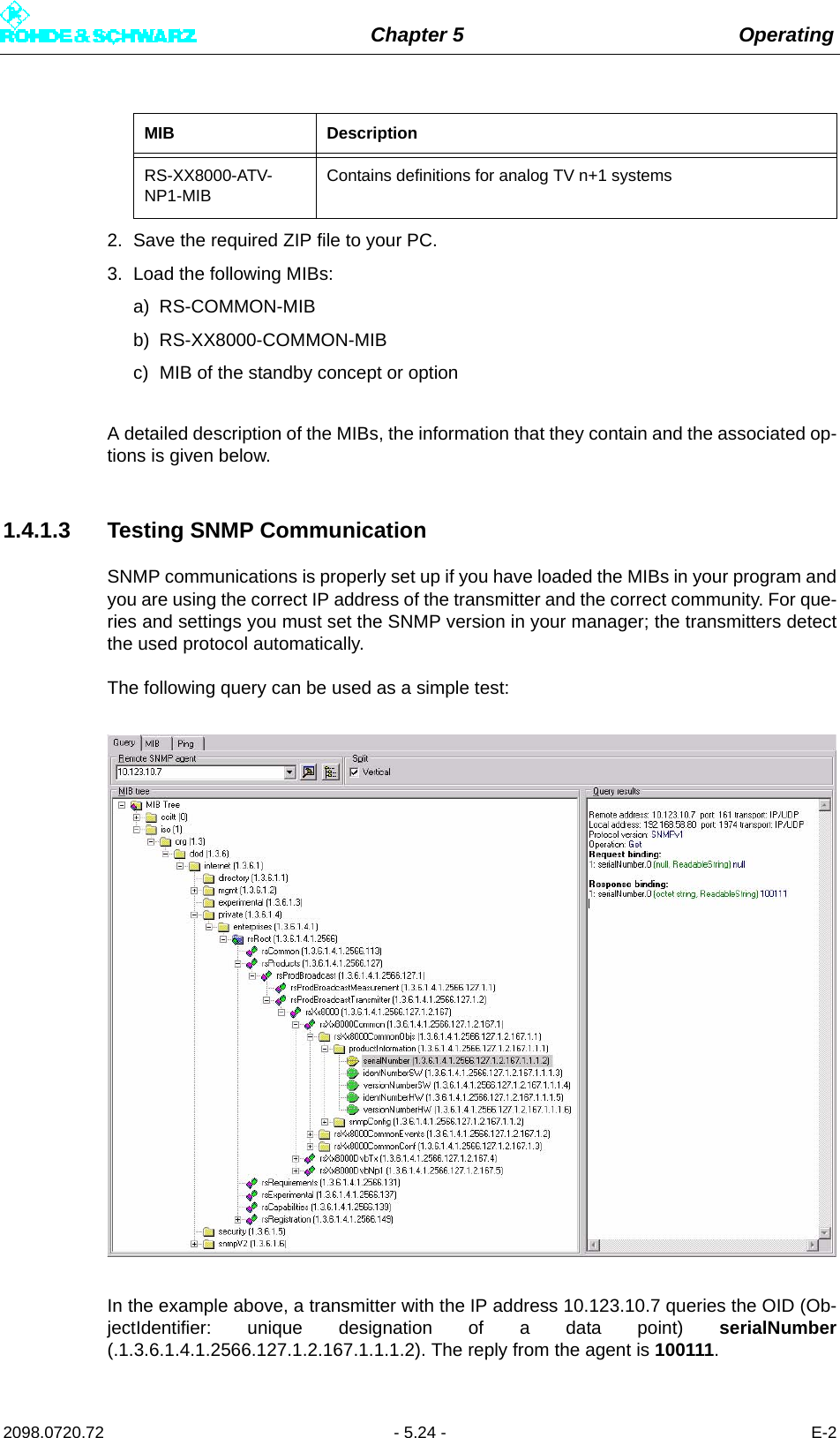 Chapter 5 Operating2098.0720.72 - 5.24 - E-22. Save the required ZIP file to your PC.3. Load the following MIBs:a) RS-COMMON-MIBb) RS-XX8000-COMMON-MIBc) MIB of the standby concept or optionA detailed description of the MIBs, the information that they contain and the associated op-tions is given below.1.4.1.3 Testing SNMP CommunicationSNMP communications is properly set up if you have loaded the MIBs in your program andyou are using the correct IP address of the transmitter and the correct community. For que-ries and settings you must set the SNMP version in your manager; the transmitters detectthe used protocol automatically.The following query can be used as a simple test:In the example above, a transmitter with the IP address 10.123.10.7 queries the OID (Ob-jectIdentifier: unique designation of a data point) serialNumber(.1.3.6.1.4.1.2566.127.1.2.167.1.1.1.2). The reply from the agent is 100111.RS-XX8000-ATV-NP1-MIB Contains definitions for analog TV n+1 systemsMIB Description