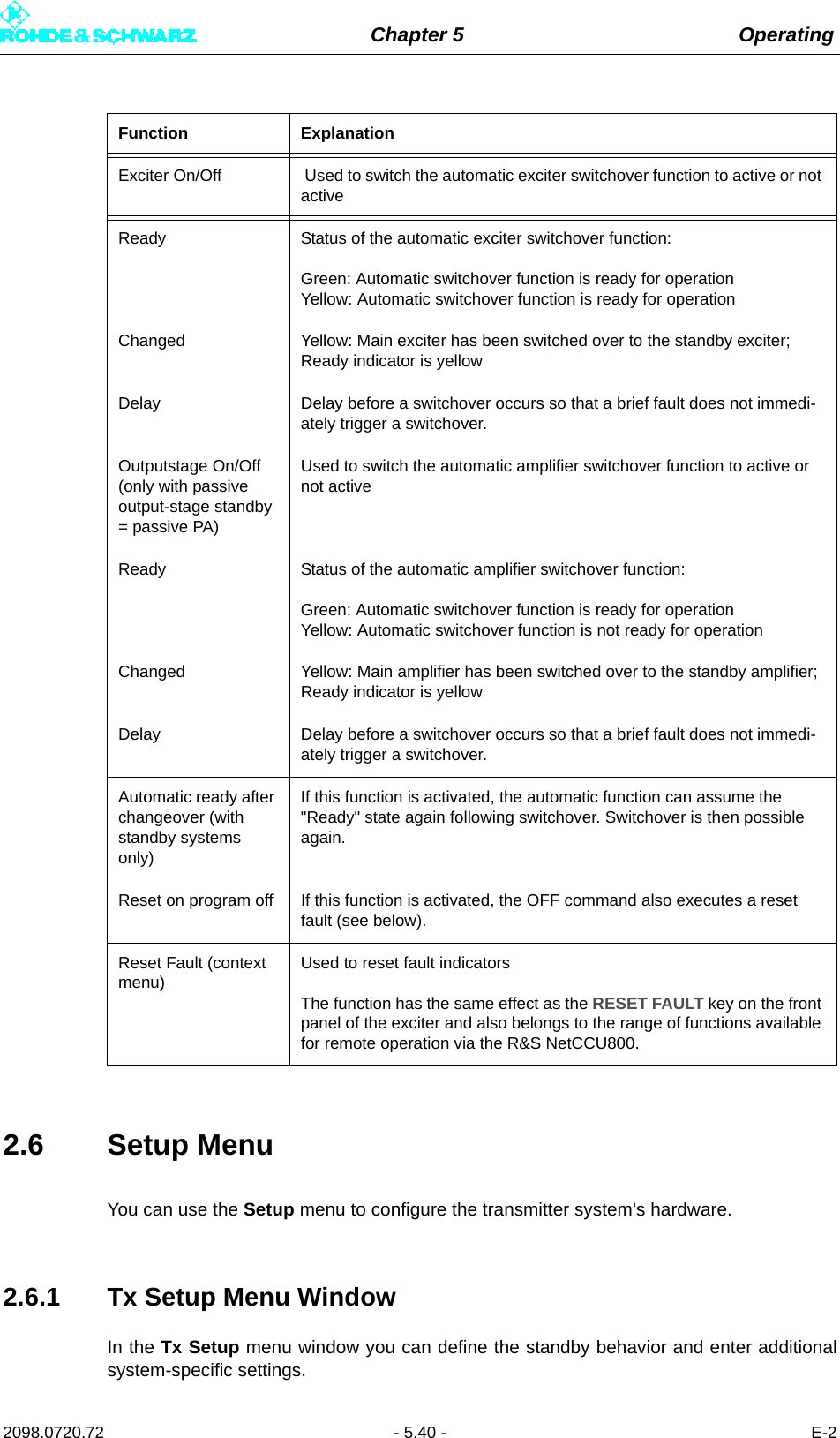 Chapter 5 Operating2098.0720.72 - 5.40 - E-22.6 Setup MenuYou can use the Setup menu to configure the transmitter system&apos;s hardware.2.6.1 Tx Setup Menu WindowIn the Tx Setup menu window you can define the standby behavior and enter additionalsystem-specific settings.Exciter On/Off  Used to switch the automatic exciter switchover function to active or not activeReady Status of the automatic exciter switchover function:Green: Automatic switchover function is ready for operationYellow: Automatic switchover function is ready for operationChanged Yellow: Main exciter has been switched over to the standby exciter; Ready indicator is yellowDelay Delay before a switchover occurs so that a brief fault does not immedi-ately trigger a switchover.Outputstage On/Off (only with passive output-stage standby = passive PA)Used to switch the automatic amplifier switchover function to active or not activeReady Status of the automatic amplifier switchover function:Green: Automatic switchover function is ready for operationYellow: Automatic switchover function is not ready for operationChanged Yellow: Main amplifier has been switched over to the standby amplifier; Ready indicator is yellowDelay Delay before a switchover occurs so that a brief fault does not immedi-ately trigger a switchover.Automatic ready after changeover (with standby systems only)If this function is activated, the automatic function can assume the &quot;Ready&quot; state again following switchover. Switchover is then possible again.Reset on program off If this function is activated, the OFF command also executes a reset fault (see below).Reset Fault (context menu)Used to reset fault indicatorsThe function has the same effect as the RESET FAULT key on the front panel of the exciter and also belongs to the range of functions available for remote operation via the R&amp;S NetCCU800.Function Explanation