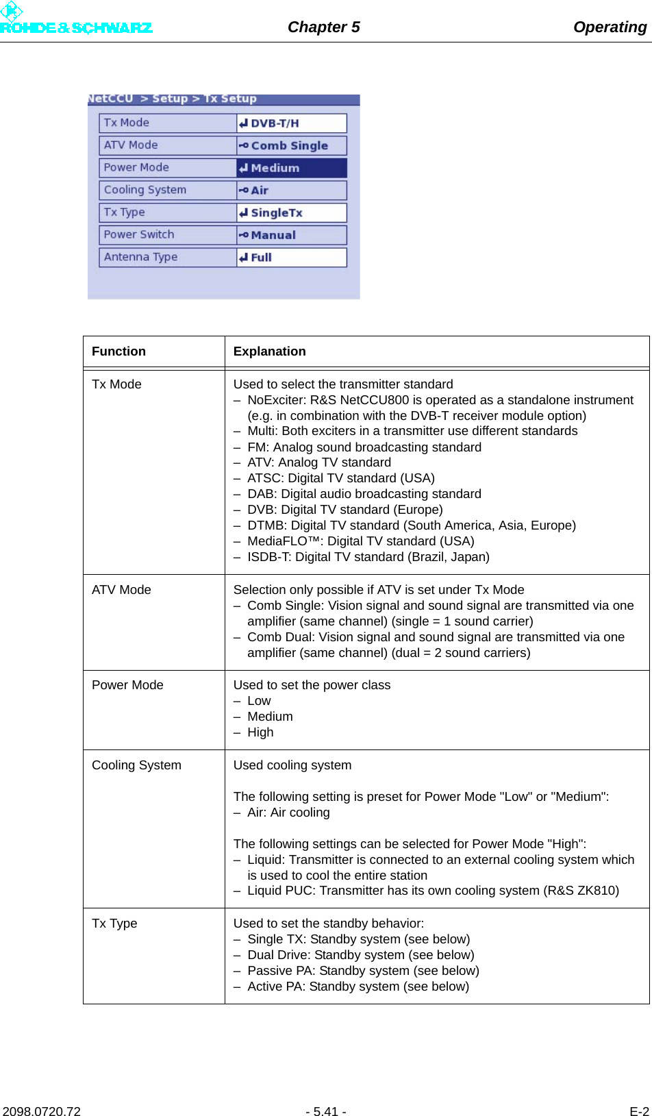 Chapter 5 Operating2098.0720.72 - 5.41 - E-2Function ExplanationTx Mode Used to select the transmitter standard– NoExciter: R&amp;S NetCCU800 is operated as a standalone instrument (e.g. in combination with the DVB-T receiver module option)– Multi: Both exciters in a transmitter use different standards– FM: Analog sound broadcasting standard– ATV: Analog TV standard– ATSC: Digital TV standard (USA)– DAB: Digital audio broadcasting standard– DVB: Digital TV standard (Europe)– DTMB: Digital TV standard (South America, Asia, Europe)– MediaFLO™: Digital TV standard (USA)– ISDB-T: Digital TV standard (Brazil, Japan)ATV Mode Selection only possible if ATV is set under Tx Mode– Comb Single: Vision signal and sound signal are transmitted via one amplifier (same channel) (single = 1 sound carrier)– Comb Dual: Vision signal and sound signal are transmitted via one amplifier (same channel) (dual = 2 sound carriers)Power Mode Used to set the power class– Low– Medium– HighCooling System Used cooling systemThe following setting is preset for Power Mode &quot;Low&quot; or &quot;Medium&quot;:– Air: Air coolingThe following settings can be selected for Power Mode &quot;High&quot;:– Liquid: Transmitter is connected to an external cooling system which is used to cool the entire station– Liquid PUC: Transmitter has its own cooling system (R&amp;S ZK810)Tx Type Used to set the standby behavior: – Single TX: Standby system (see below)– Dual Drive: Standby system (see below)– Passive PA: Standby system (see below)– Active PA: Standby system (see below)