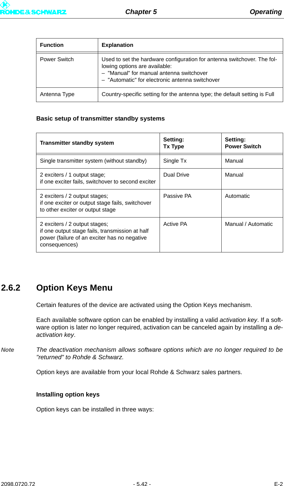 Chapter 5 Operating2098.0720.72 - 5.42 - E-2Basic setup of transmitter standby systems2.6.2 Option Keys MenuCertain features of the device are activated using the Option Keys mechanism. Each available software option can be enabled by installing a valid activation key. If a soft-ware option is later no longer required, activation can be canceled again by installing a de-activation key.Note The deactivation mechanism allows software options which are no longer required to be&quot;returned&quot; to Rohde &amp; Schwarz.Option keys are available from your local Rohde &amp; Schwarz sales partners.Installing option keysOption keys can be installed in three ways:Power Switch Used to set the hardware configuration for antenna switchover. The fol-lowing options are available:– &quot;Manual&quot; for manual antenna switchover– &quot;Automatic&quot; for electronic antenna switchoverAntenna Type Country-specific setting for the antenna type; the default setting is FullTransmitter standby system Setting:Tx Type Setting:Power SwitchSingle transmitter system (without standby) Single Tx Manual2 exciters / 1 output stage;if one exciter fails, switchover to second exciterDual Drive Manual2 exciters / 2 output stages;if one exciter or output stage fails, switchover to other exciter or output stagePassive PA Automatic2 exciters / 2 output stages;if one output stage fails, transmission at half power (failure of an exciter has no negative consequences)Active PA Manual / AutomaticFunction Explanation