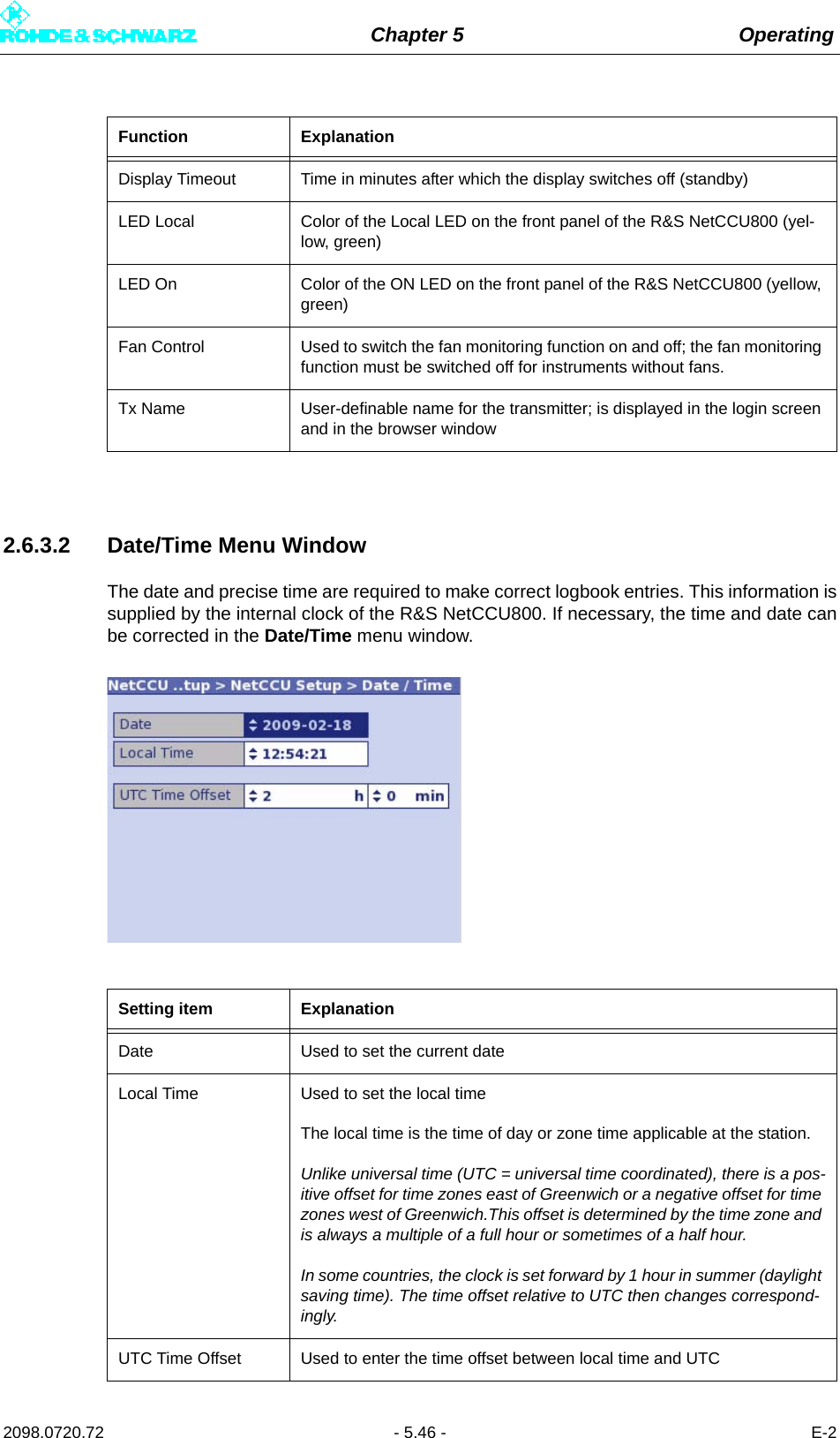 Chapter 5 Operating2098.0720.72 - 5.46 - E-22.6.3.2 Date/Time Menu WindowThe date and precise time are required to make correct logbook entries. This information issupplied by the internal clock of the R&amp;S NetCCU800. If necessary, the time and date canbe corrected in the Date/Time menu window.Function ExplanationDisplay Timeout Time in minutes after which the display switches off (standby)LED Local Color of the Local LED on the front panel of the R&amp;S NetCCU800 (yel-low, green)LED On Color of the ON LED on the front panel of the R&amp;S NetCCU800 (yellow, green)Fan Control Used to switch the fan monitoring function on and off; the fan monitoring function must be switched off for instruments without fans.Tx Name User-definable name for the transmitter; is displayed in the login screen and in the browser windowSetting item ExplanationDate Used to set the current dateLocal Time Used to set the local timeThe local time is the time of day or zone time applicable at the station.Unlike universal time (UTC = universal time coordinated), there is a pos-itive offset for time zones east of Greenwich or a negative offset for time zones west of Greenwich.This offset is determined by the time zone and is always a multiple of a full hour or sometimes of a half hour.In some countries, the clock is set forward by 1 hour in summer (daylight saving time). The time offset relative to UTC then changes correspond-ingly.UTC Time Offset Used to enter the time offset between local time and UTC