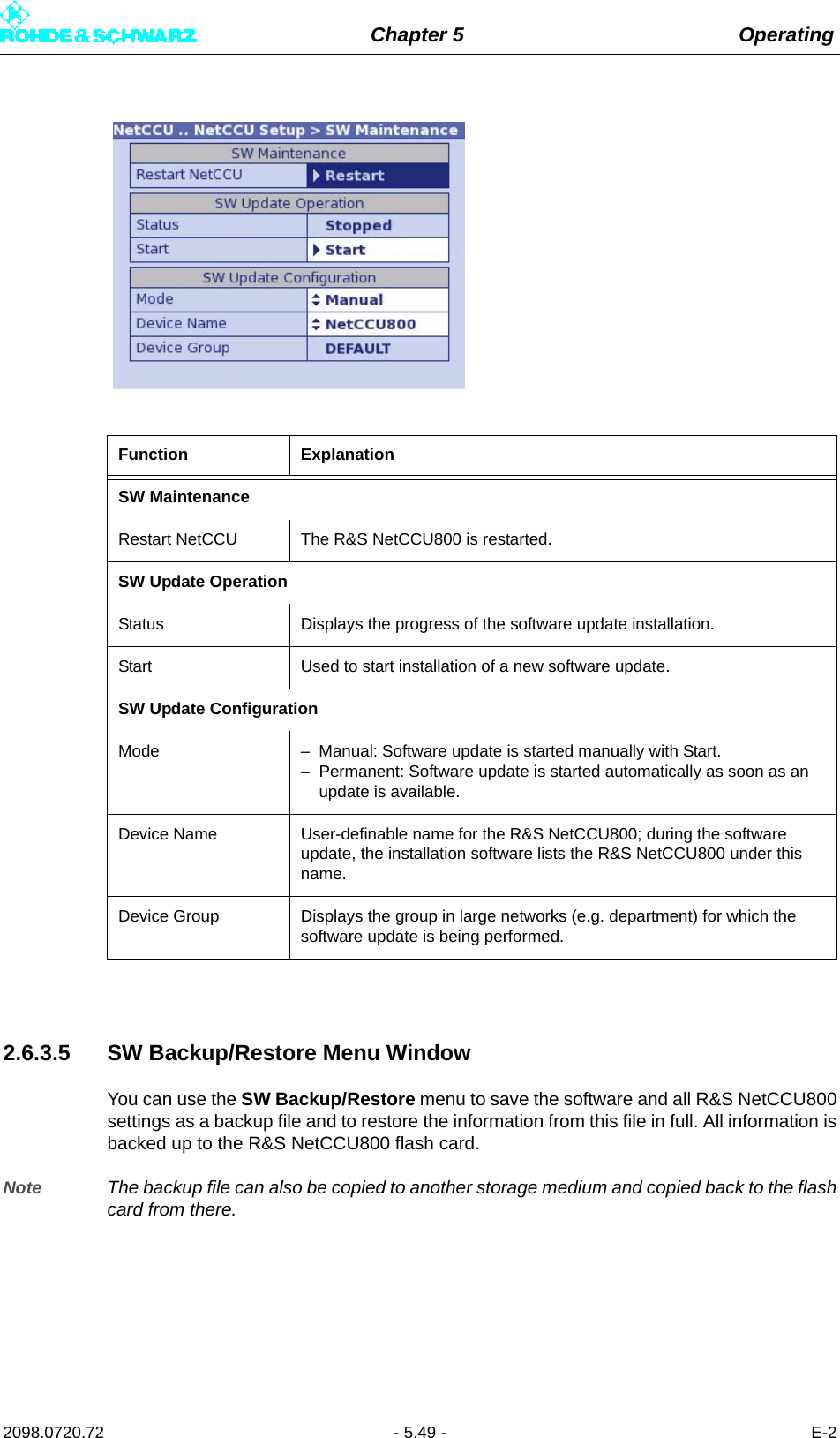 Chapter 5 Operating2098.0720.72 - 5.49 - E-22.6.3.5 SW Backup/Restore Menu WindowYou can use the SW Backup/Restore menu to save the software and all R&amp;S NetCCU800settings as a backup file and to restore the information from this file in full. All information isbacked up to the R&amp;S NetCCU800 flash card.Note The backup file can also be copied to another storage medium and copied back to the flashcard from there.Function ExplanationSW MaintenanceRestart NetCCU The R&amp;S NetCCU800 is restarted.SW Update OperationStatus Displays the progress of the software update installation.Start Used to start installation of a new software update.SW Update ConfigurationMode – Manual: Software update is started manually with Start.– Permanent: Software update is started automatically as soon as an update is available.Device Name User-definable name for the R&amp;S NetCCU800; during the software update, the installation software lists the R&amp;S NetCCU800 under this name. Device Group Displays the group in large networks (e.g. department) for which the software update is being performed.