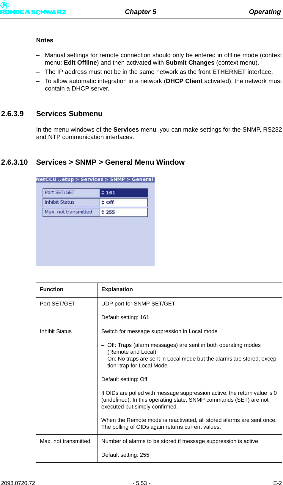 Chapter 5 Operating2098.0720.72 - 5.53 - E-2Notes– Manual settings for remote connection should only be entered in offline mode (contextmenu: Edit Offline) and then activated with Submit Changes (context menu).– The IP address must not be in the same network as the front ETHERNET interface.– To allow automatic integration in a network (DHCP Client activated), the network mustcontain a DHCP server.2.6.3.9 Services SubmenuIn the menu windows of the Services menu, you can make settings for the SNMP, RS232and NTP communication interfaces.2.6.3.10 Services &gt; SNMP &gt; General Menu WindowFunction ExplanationPort SET/GET UDP port for SNMP SET/GETDefault setting: 161Inhibit Status Switch for message suppression in Local mode– Off: Traps (alarm messages) are sent in both operating modes (Remote and Local)– On: No traps are sent in Local mode but the alarms are stored; excep-tion: trap for Local ModeDefault setting: OffIf OIDs are polled with message suppression active, the return value is 0 (undefined). In this operating state, SNMP commands (SET) are not executed but simply confirmed.When the Remote mode is reactivated, all stored alarms are sent once. The polling of OIDs again returns current values.Max. not transmitted Number of alarms to be stored if message suppression is activeDefault setting: 255