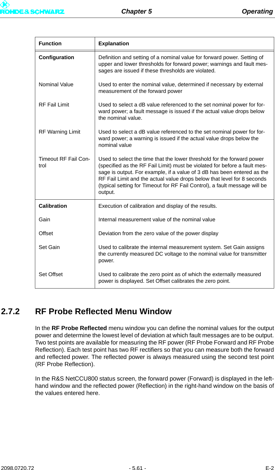 Chapter 5 Operating2098.0720.72 - 5.61 - E-22.7.2 RF Probe Reflected Menu WindowIn the RF Probe Reflected menu window you can define the nominal values for the outputpower and determine the lowest level of deviation at which fault messages are to be output.Two test points are available for measuring the RF power (RF Probe Forward and RF ProbeReflection). Each test point has two RF rectifiers so that you can measure both the forwardand reflected power. The reflected power is always measured using the second test point(RF Probe Reflection). In the R&amp;S NetCCU800 status screen, the forward power (Forward) is displayed in the left-hand window and the reflected power (Reflection) in the right-hand window on the basis ofthe values entered here.Configuration Definition and setting of a nominal value for forward power. Setting of upper and lower thresholds for forward power; warnings and fault mes-sages are issued if these thresholds are violated.Nominal Value Used to enter the nominal value, determined if necessary by external measurement of the forward powerRF Fail Limit Used to select a dB value referenced to the set nominal power for for-ward power; a fault message is issued if the actual value drops below the nominal value.RF Warning Limit Used to select a dB value referenced to the set nominal power for for-ward power; a warning is issued if the actual value drops below the nominal valueTimeout RF Fail Con-trolUsed to select the time that the lower threshold for the forward power (specified as the RF Fail Limit) must be violated for before a fault mes-sage is output. For example, if a value of 3 dB has been entered as the RF Fail Limit and the actual value drops below that level for 8 seconds (typical setting for Timeout for RF Fail Control), a fault message will be output.Calibration Execution of calibration and display of the results.Gain Internal measurement value of the nominal valueOffset Deviation from the zero value of the power displaySet Gain Used to calibrate the internal measurement system. Set Gain assigns the currently measured DC voltage to the nominal value for transmitter power.Set Offset Used to calibrate the zero point as of which the externally measured power is displayed. Set Offset calibrates the zero point.Function Explanation