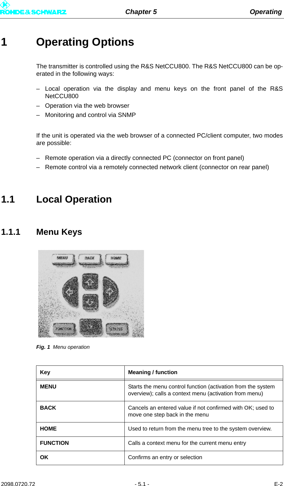 Chapter 5 Operating2098.0720.72 - 5.1 - E-21 Operating OptionsThe transmitter is controlled using the R&amp;S NetCCU800. The R&amp;S NetCCU800 can be op-erated in the following ways:– Local operation via the display and menu keys on the front panel of the R&amp;SNetCCU800– Operation via the web browser– Monitoring and control via SNMPIf the unit is operated via the web browser of a connected PC/client computer, two modesare possible:– Remote operation via a directly connected PC (connector on front panel)– Remote control via a remotely connected network client (connector on rear panel)1.1 Local Operation1.1.1 Menu KeysFig. 1 Menu operationKey Meaning / functionMENU Starts the menu control function (activation from the system overview); calls a context menu (activation from menu)BACK Cancels an entered value if not confirmed with OK; used to move one step back in the menuHOME Used to return from the menu tree to the system overview.FUNCTION Calls a context menu for the current menu entryOK Confirms an entry or selection 